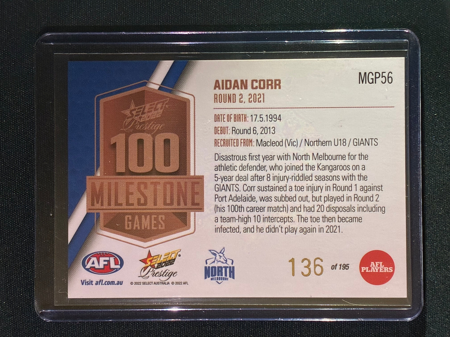 2022 Footy Stars Prestige AIDAN CORR AFL Milestone Games 136/195