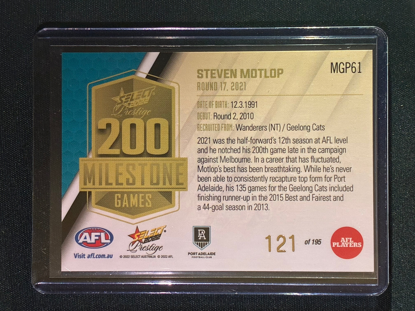 2022 Footy Stars Prestige STEVEN MOTLOP AFL Milestone Games 121/195
