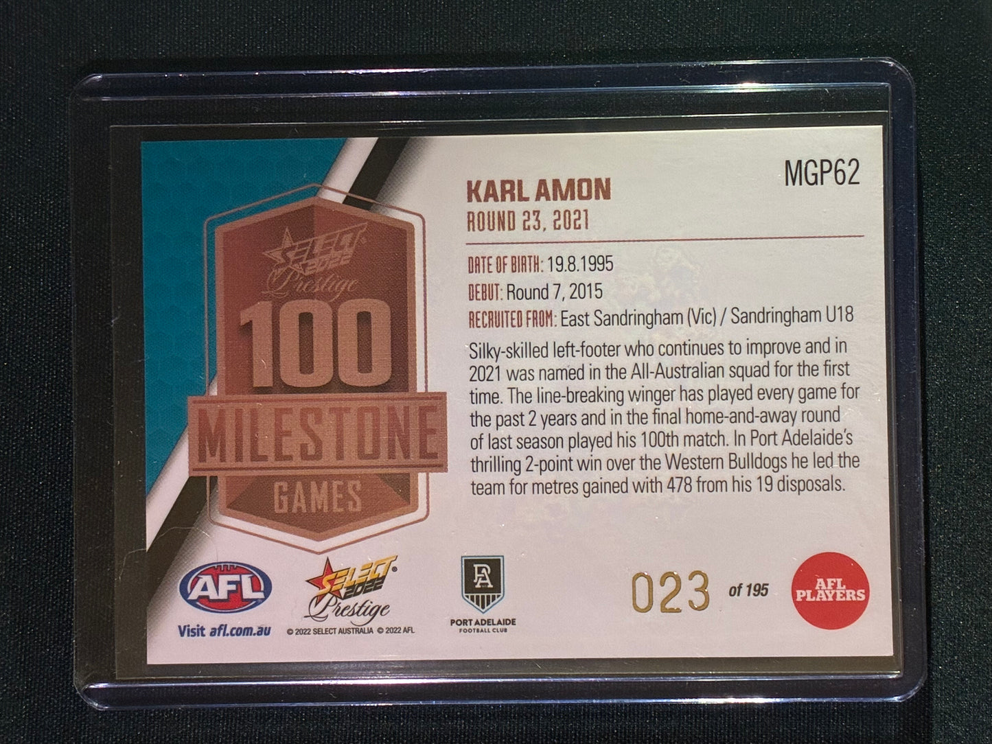 2022 Footy Stars Prestige KARL AMON AFL Milestone Games 23/195