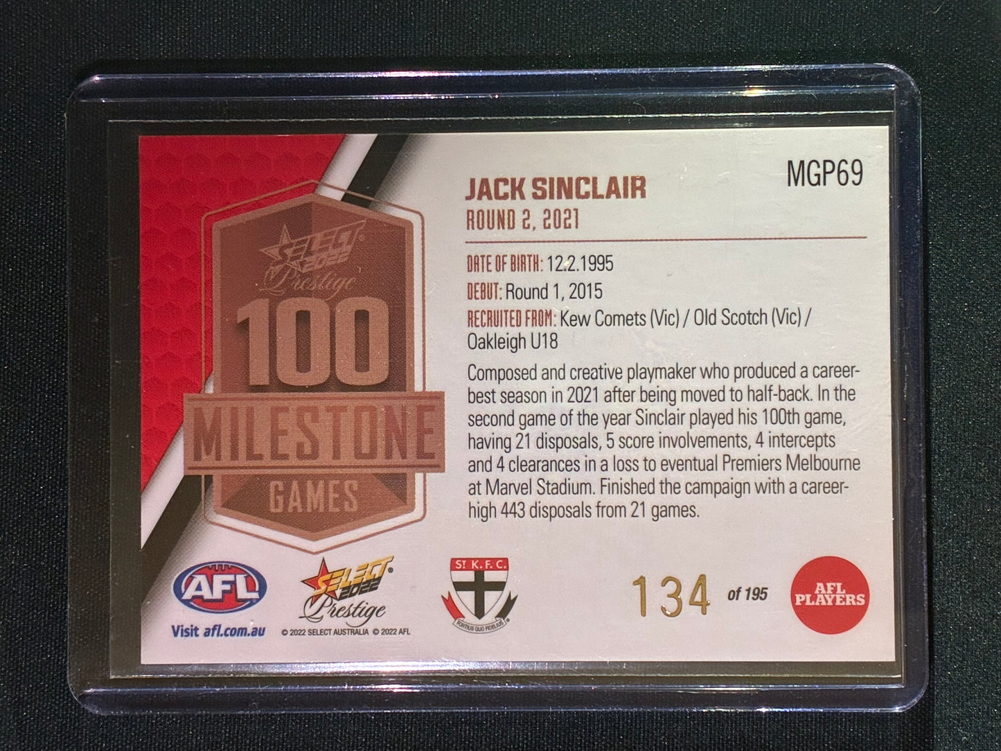 2022 Footy Stars Prestige JACK SINCLAIR AFL Milestone Games 134/195