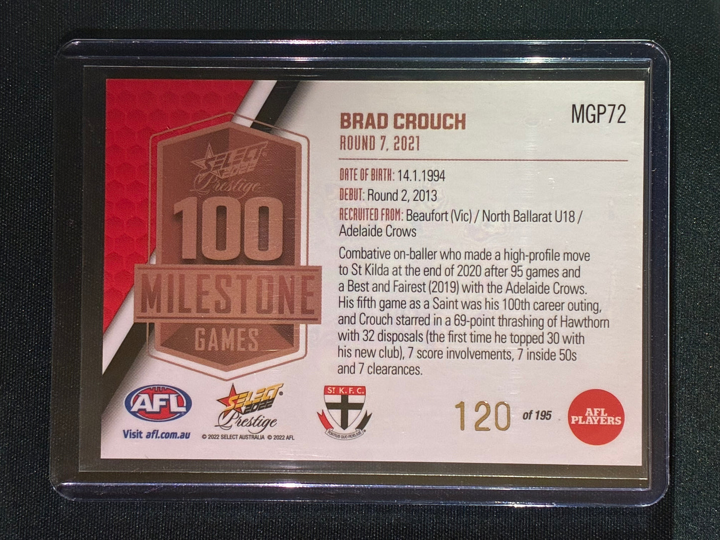 2022 Footy Stars Prestige BRAD CROUCH AFL Milestone Games 120/195
