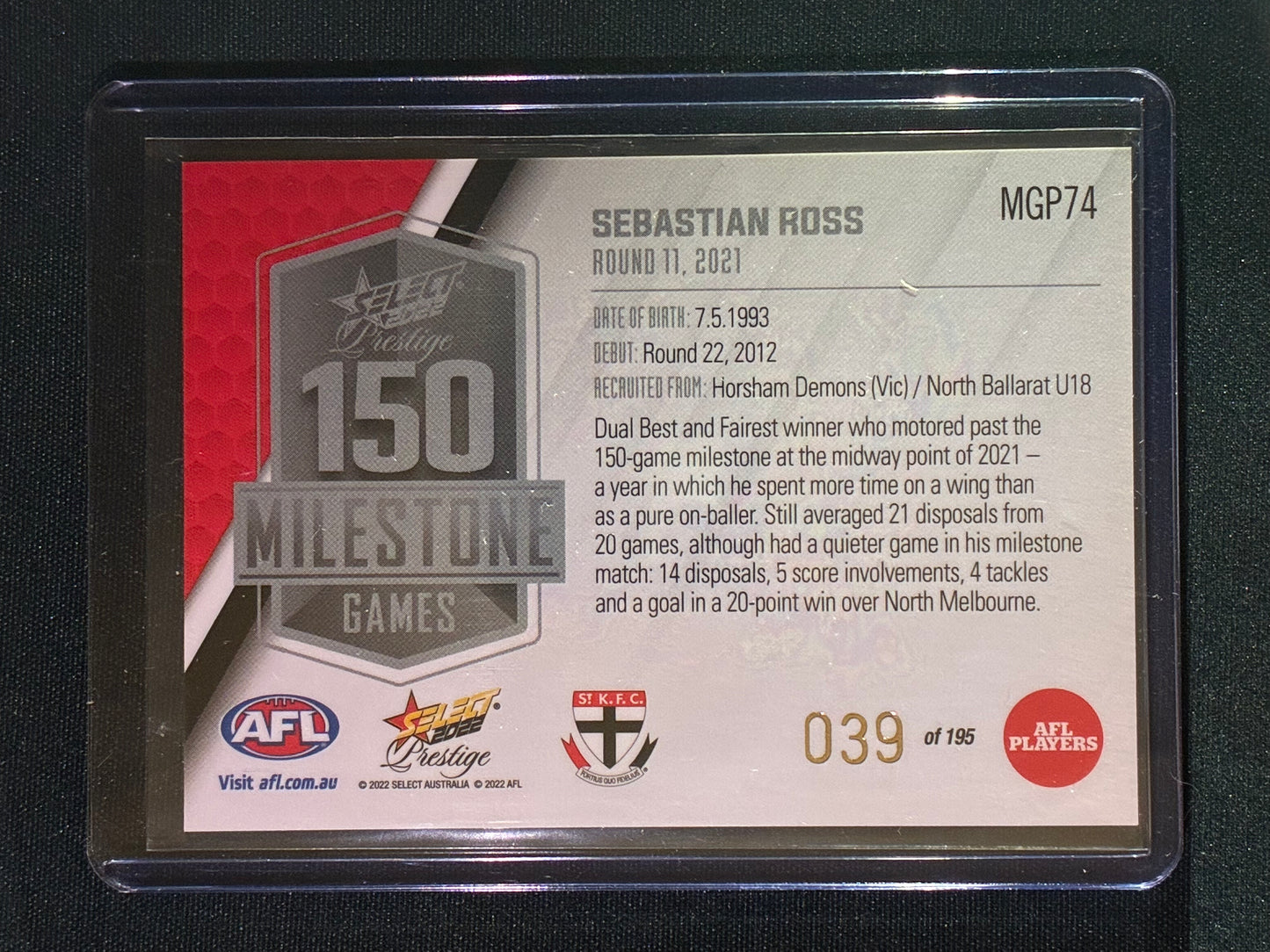 2022 Footy Stars Prestige SEBASTIAN ROSS AFL Milestone Games 39/195