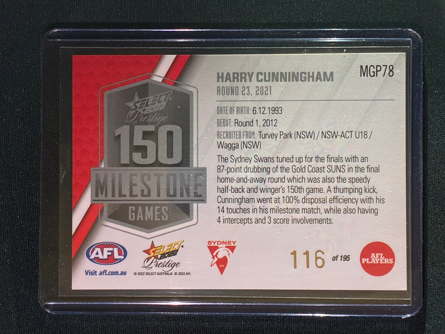 2022 Footy Stars Prestige HARRY CUNNINGHAM AFL Milestone Games 116/195