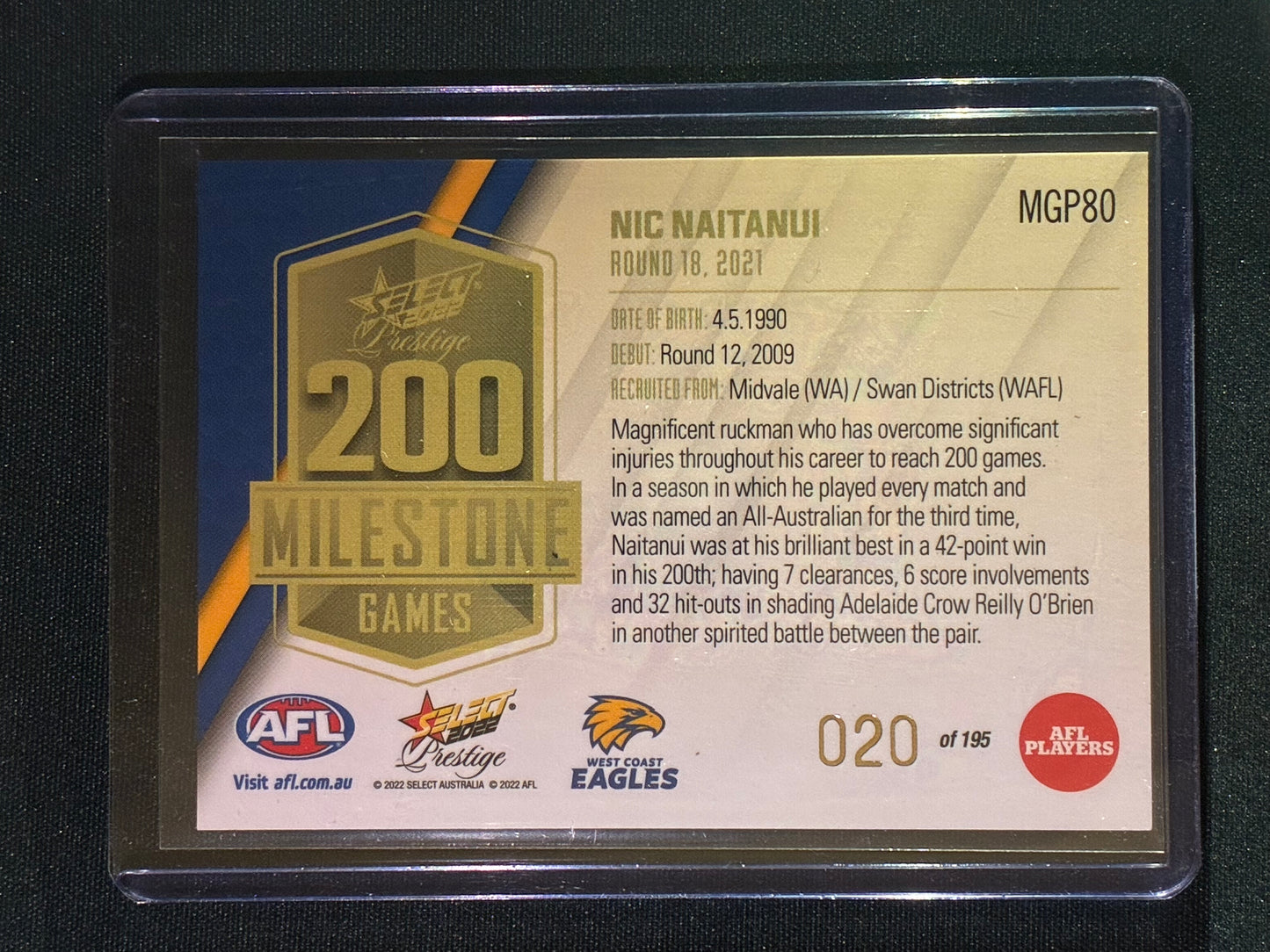 2022 Footy Stars Prestige NIC NAITANUI AFL Milestone Games 20/195