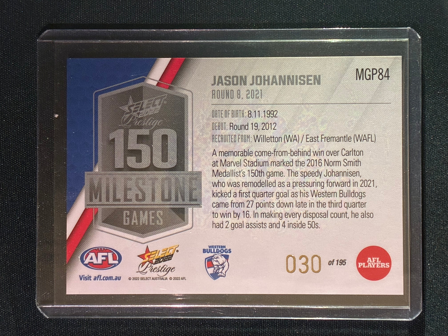 2022 Footy Stars Prestige JASON JOHANNISEN AFL Milestone Games 30/195