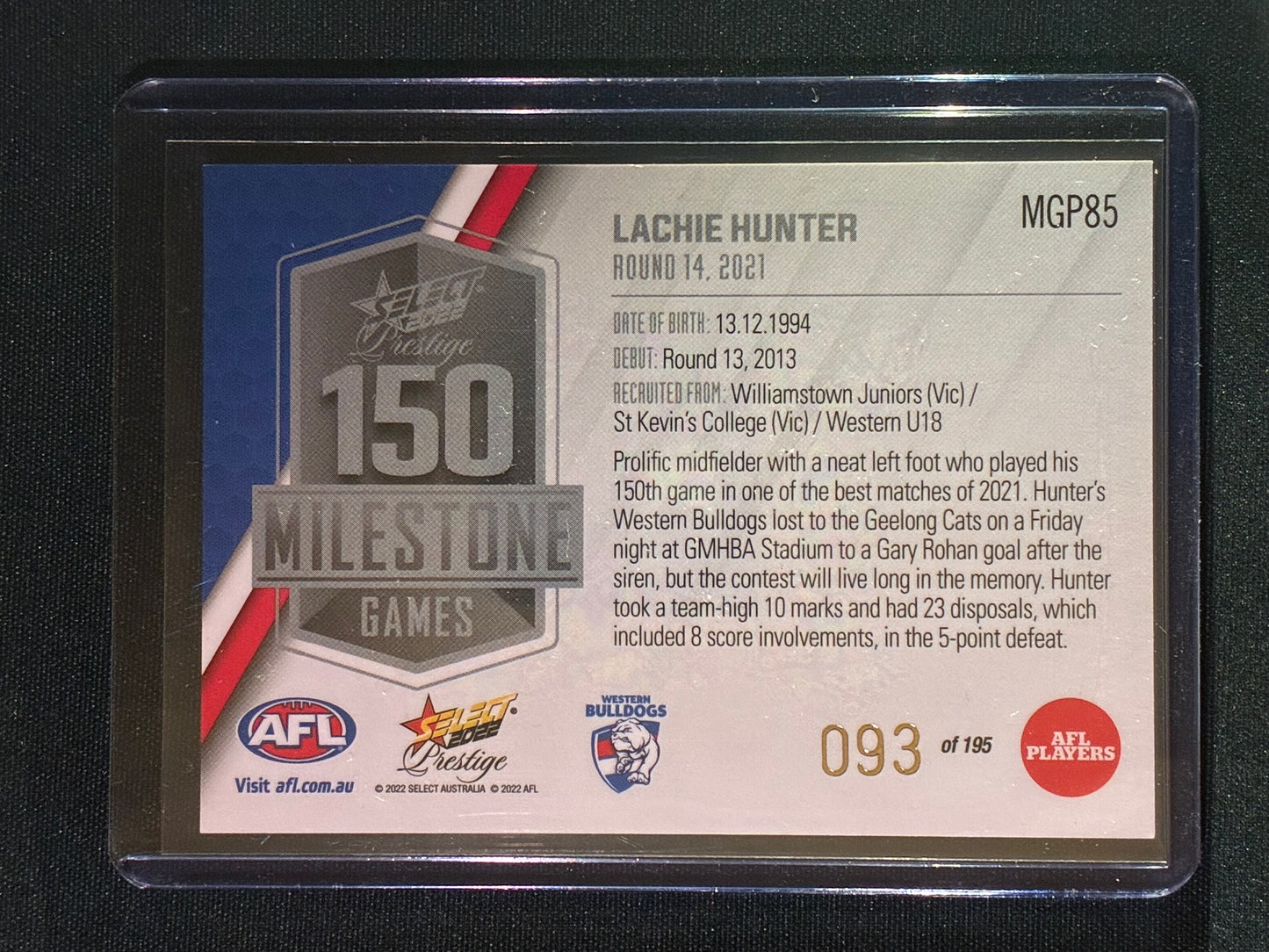2022 Footy Stars Prestige LACHIE HUNTER AFL Milestone Games 93/195
