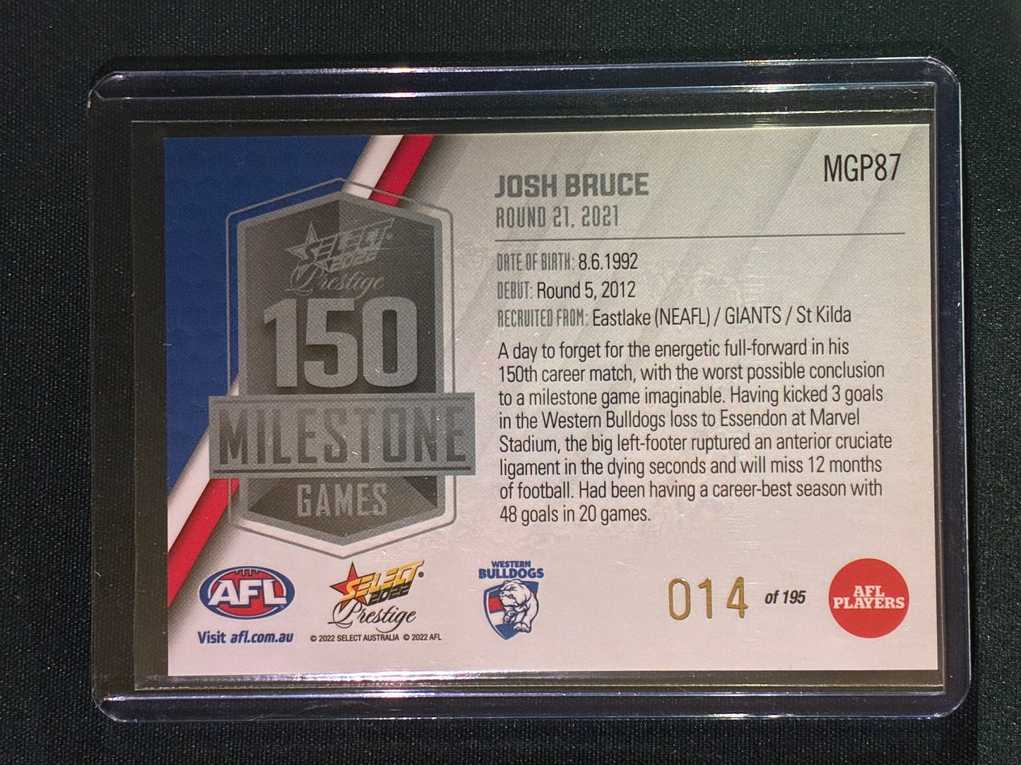 2022 Footy Stars Prestige JOSH BRUCE AFL Milestone Games 14/195