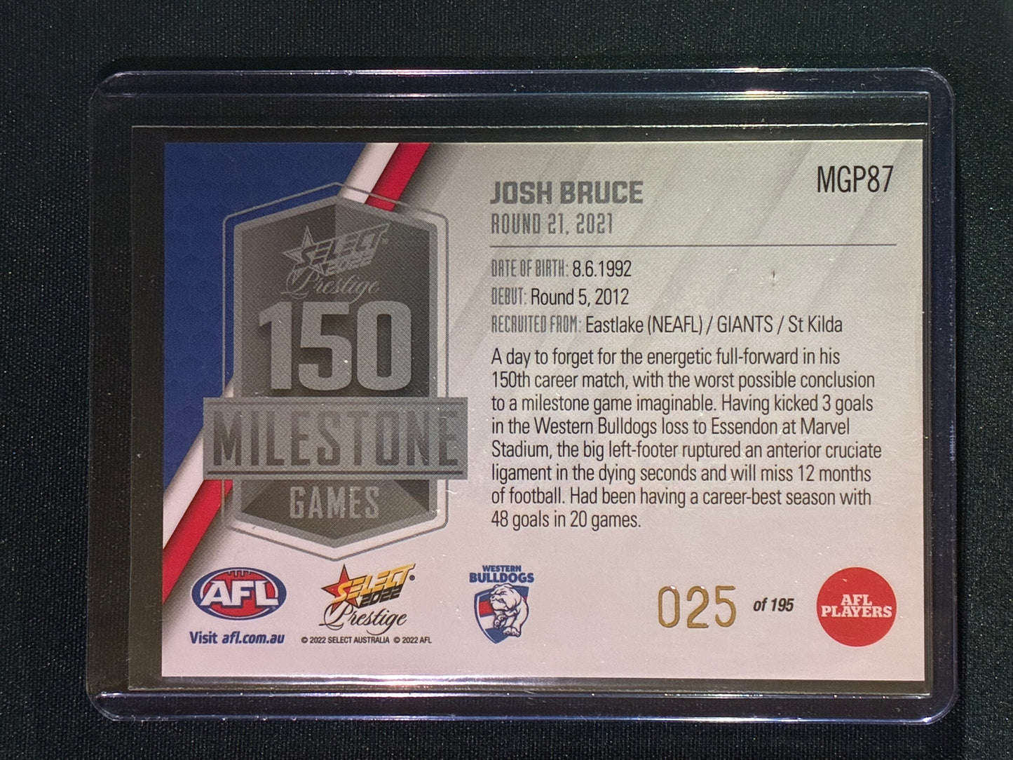 2022 Footy Stars Prestige JOSH BRUCE AFL Milestone Games 25/195