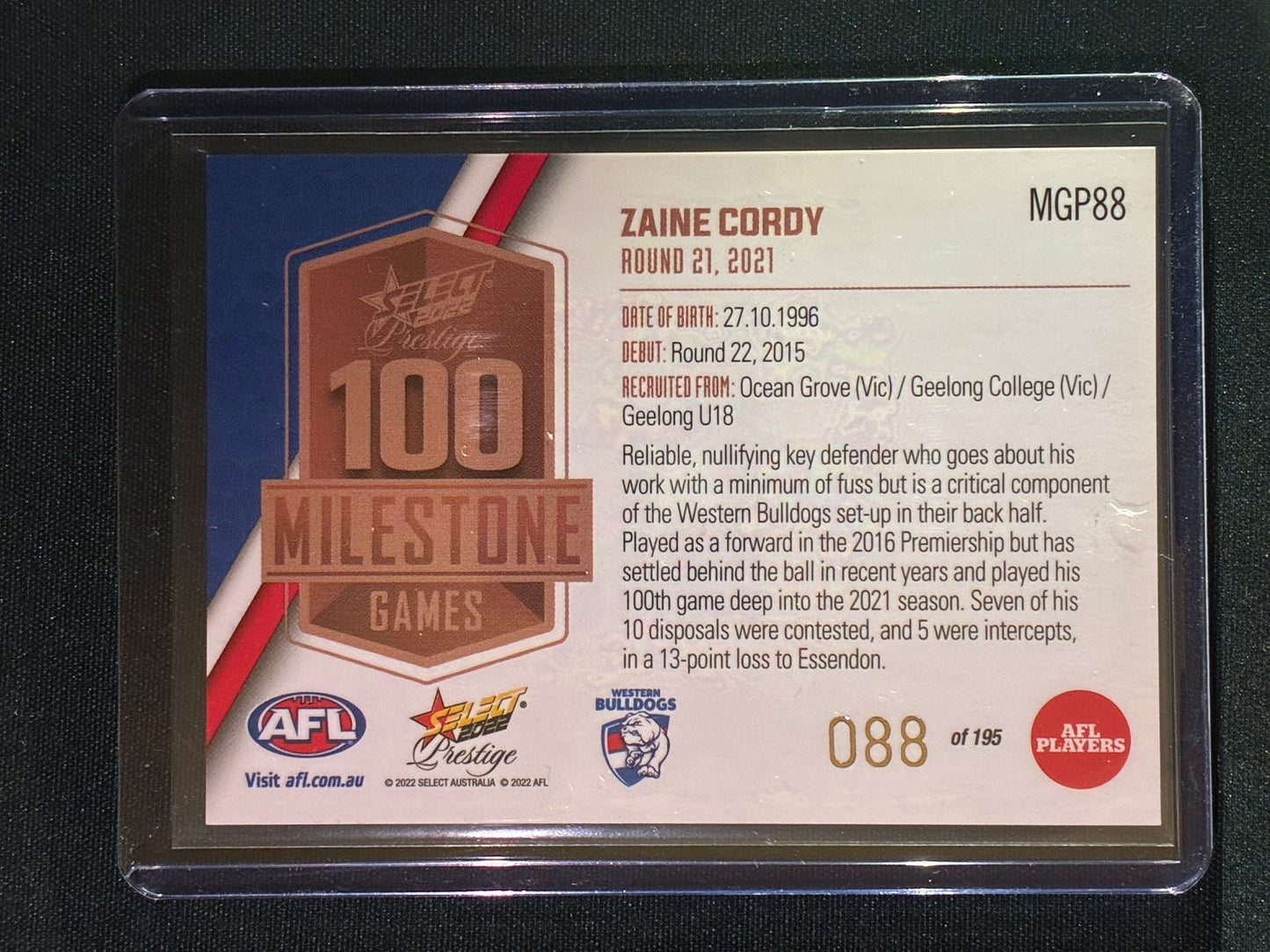 2022 Footy Stars Prestige ZAINE CORDY AFL Milestone Games 88/195