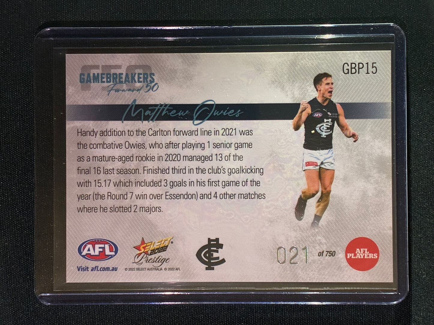 2022 Footy Stars Prestige MATTHEW OWIES Gamebreakers Forward 50 21/750