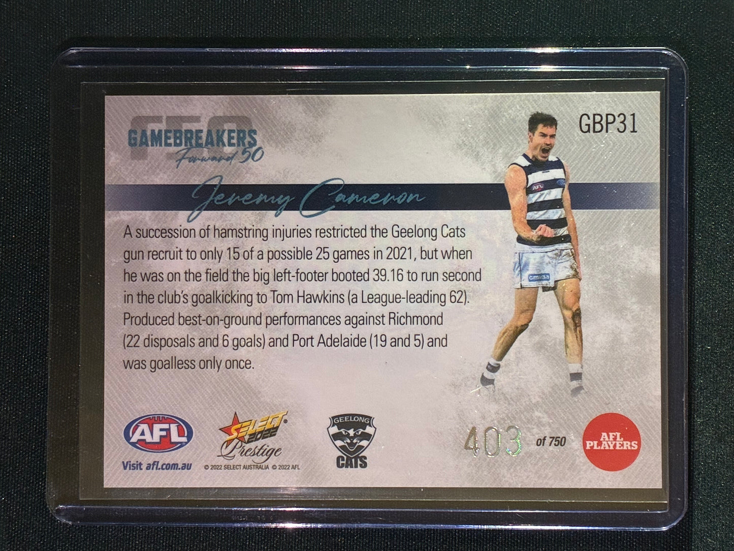 2022 Footy Stars Prestige JEREMY CAMERON Gamebreakers Forward 50 403/750