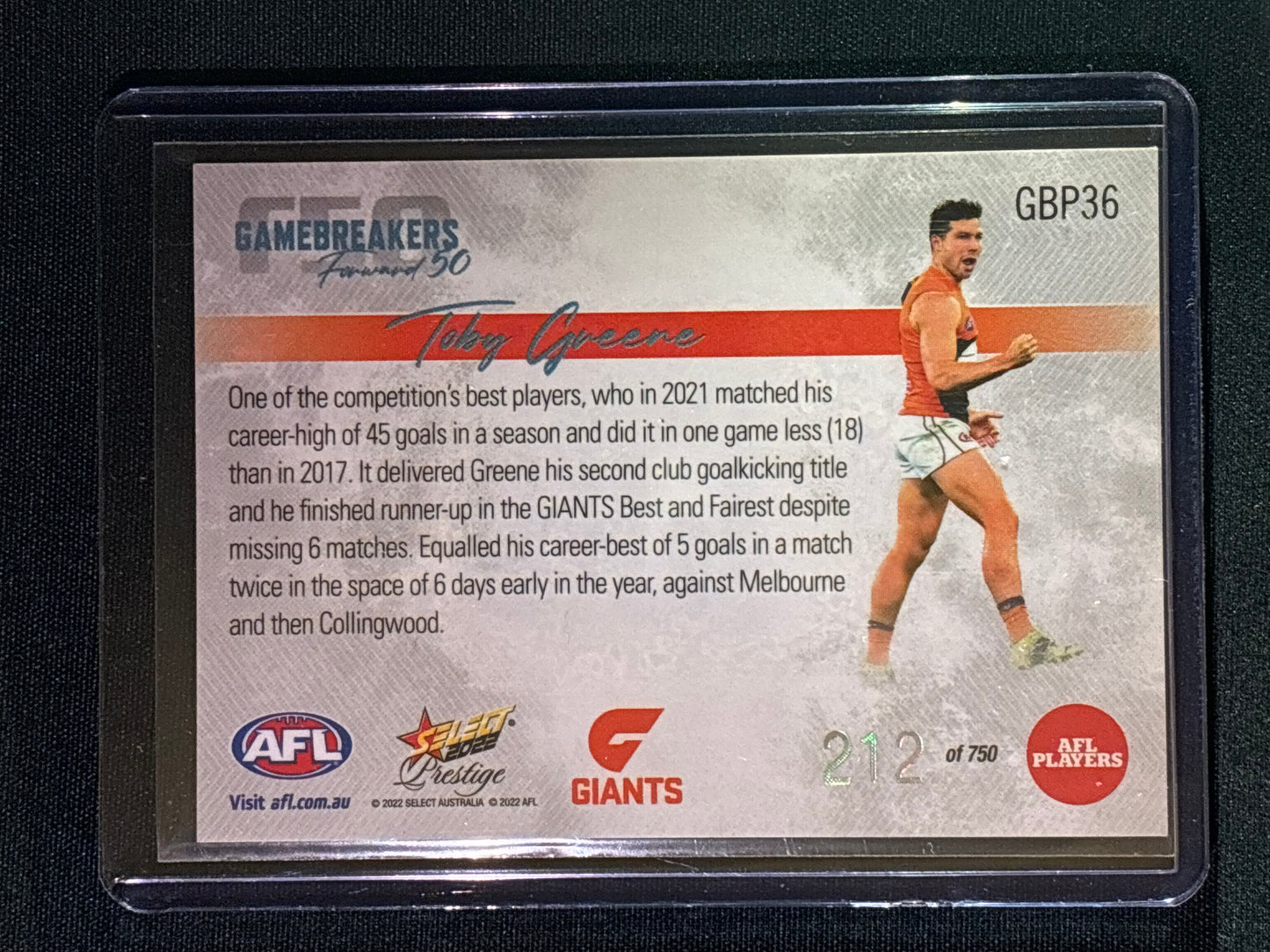 2022 Footy Stars Prestige TOBY GREENE Gamebreakers Forward 50 212/750