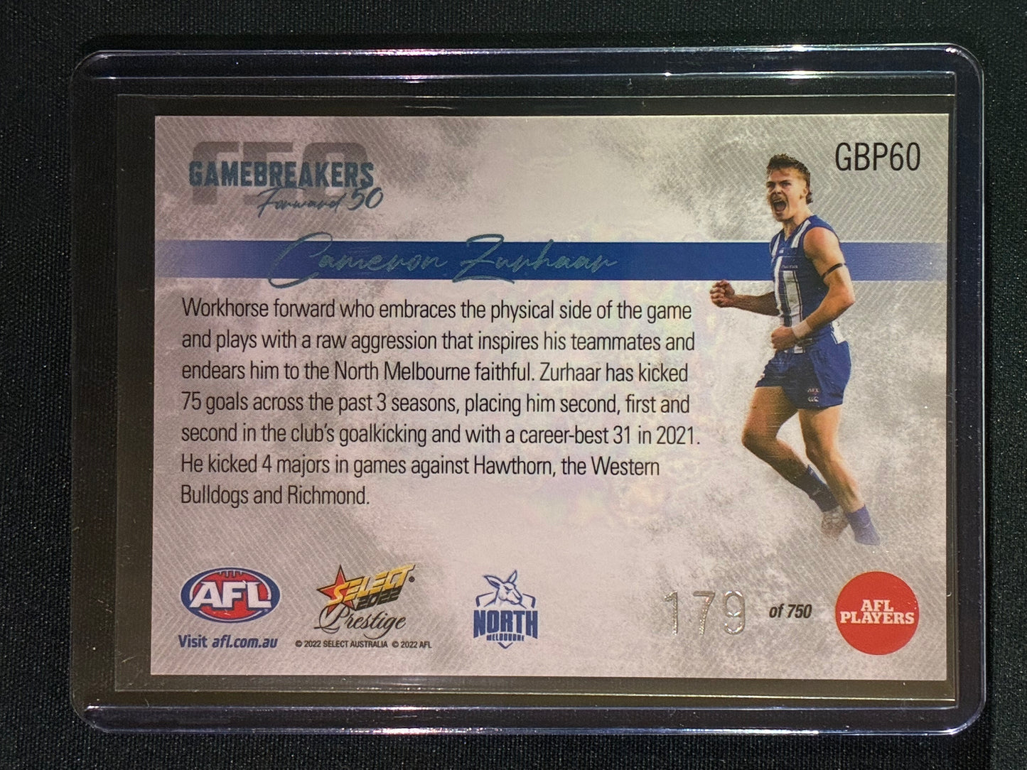 2022 Footy Stars Prestige CAMERON ZURHAAR Gamebreakers Forward 50 179/750