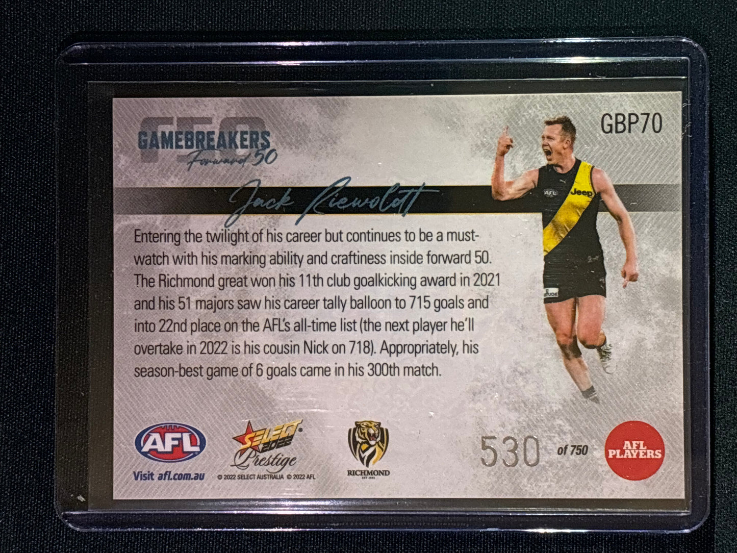 2022 Footy Stars Prestige JACK RIEWOLDT Gamebreakers Forward 50 530/750