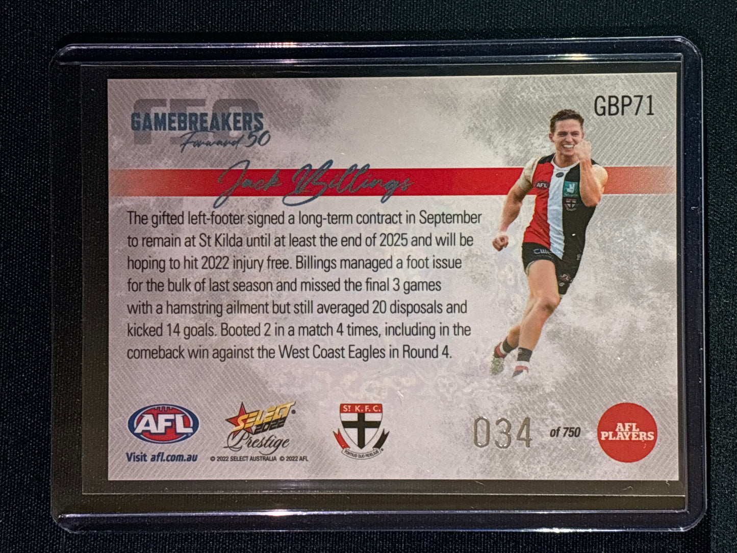 2022 Footy Stars Prestige JACK BILLINGS Gamebreakers Forward 50 34/750