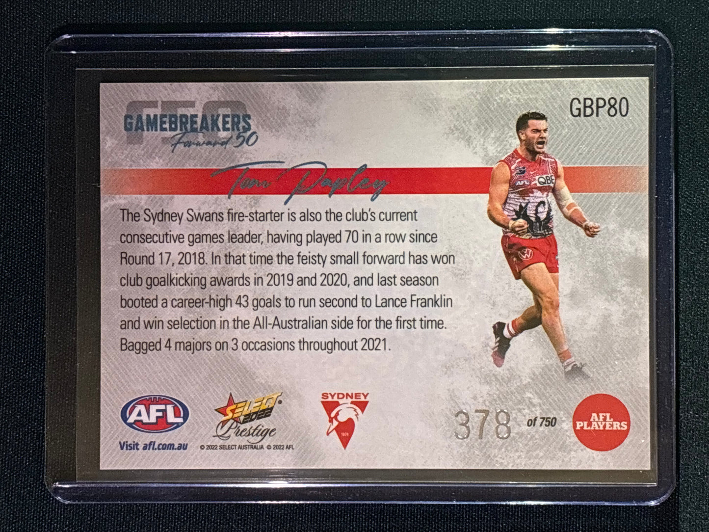 2022 Footy Stars Prestige TOM PAPLEY Gamebreakers Forward 50 378/750
