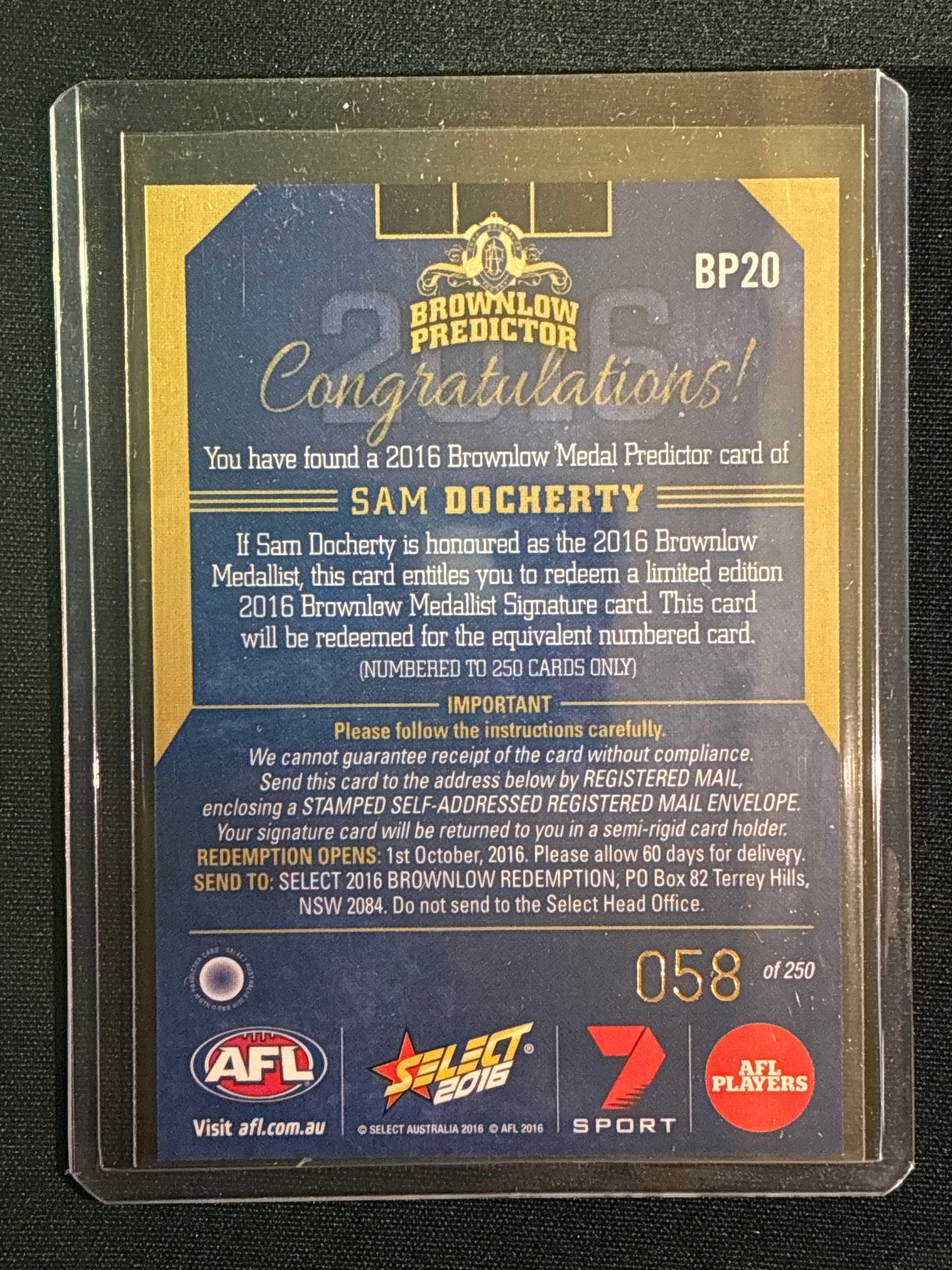 2016 Footy Stars SAM DOCHERTY Brownlow Predictor Gold 58/250