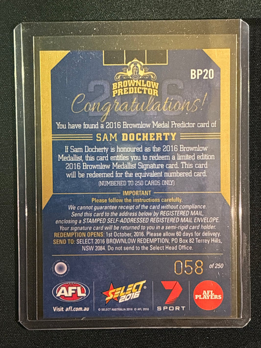 2016 Footy Stars SAM DOCHERTY Brownlow Predictor Gold 58/250