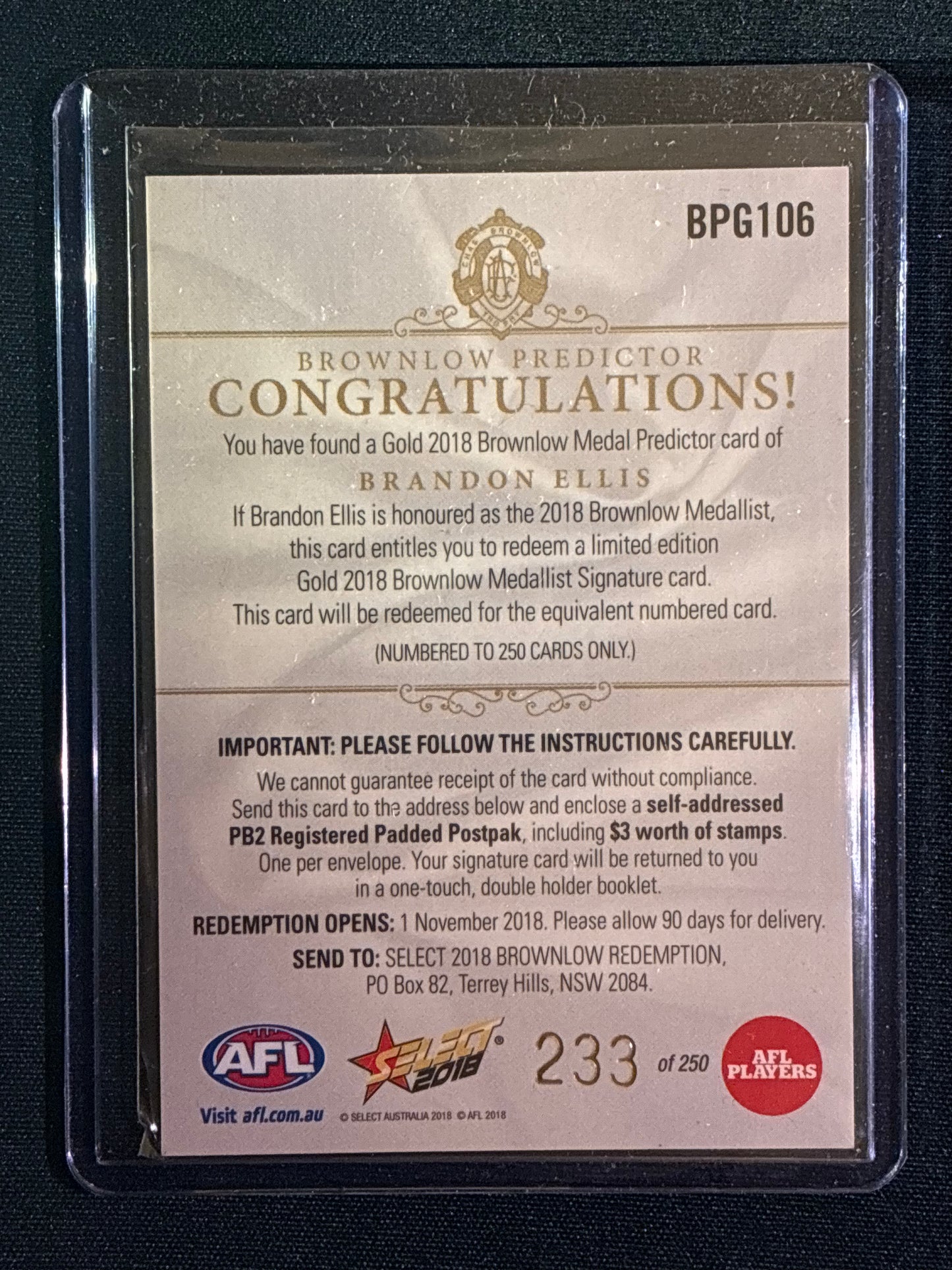 2018 Footy Stars BRANDON ELLIS Brownlow Predictor Gold 233/250