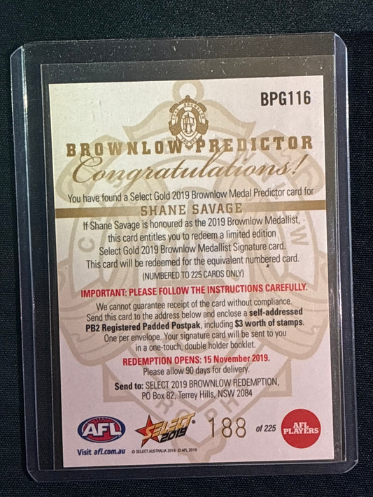 2019 Footy Stars SHANE SAVAGE Brownlow Predictor Gold 188/255