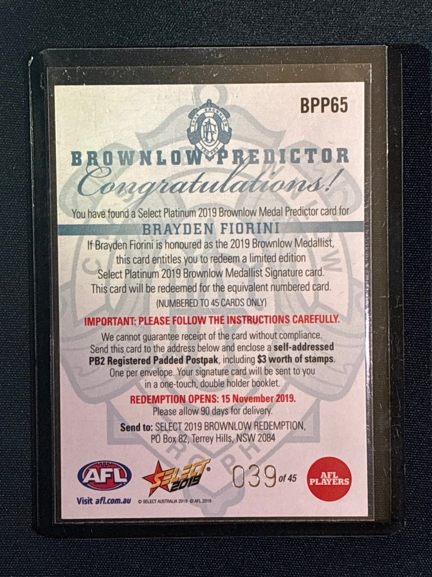 2019 Footy Stars BRAYDEN FIORINI Brownlow Predictor Platinum 39/45