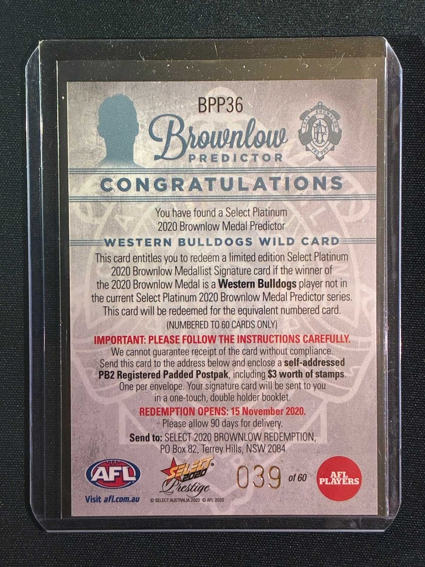 2020 Footy Stars Prestige BULLDOGS WILD CARD Brownlow Predictor Platinum 39/60