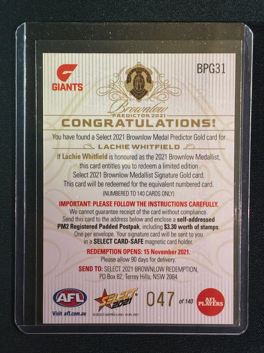 2021 Footy Stars LACHIE WHITFIELD Brownlow Predictor Gold 47/140