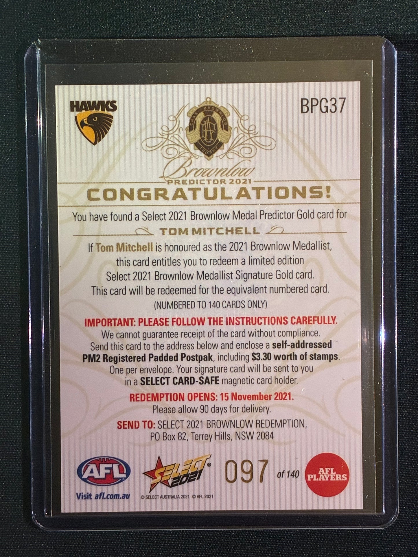 2021 Footy Stars TOM MITCHELL Brownlow Predictor Gold 97/140