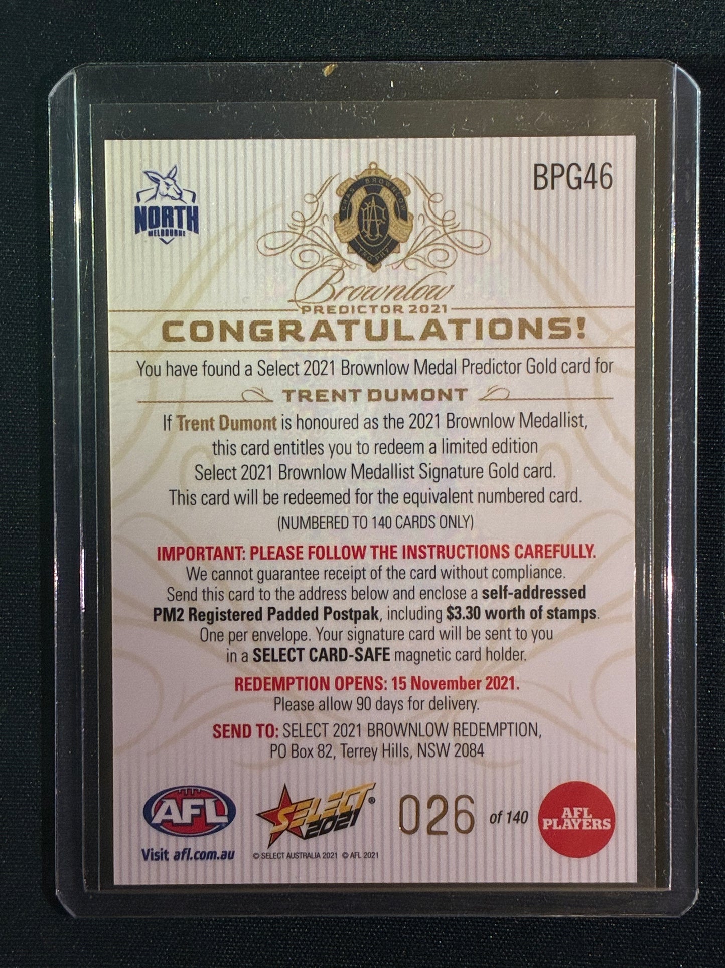 2021 Footy Stars TRENT DUMONT Brownlow Predictor Gold 26/140
