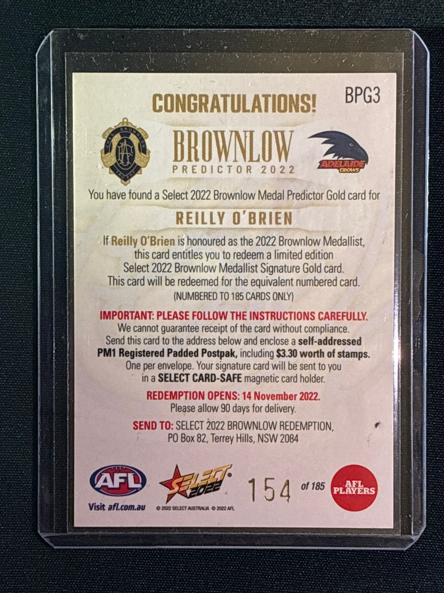 2022 Footy Stars REILLY O'BRIEN Brownlow Predictor Gold 154/185