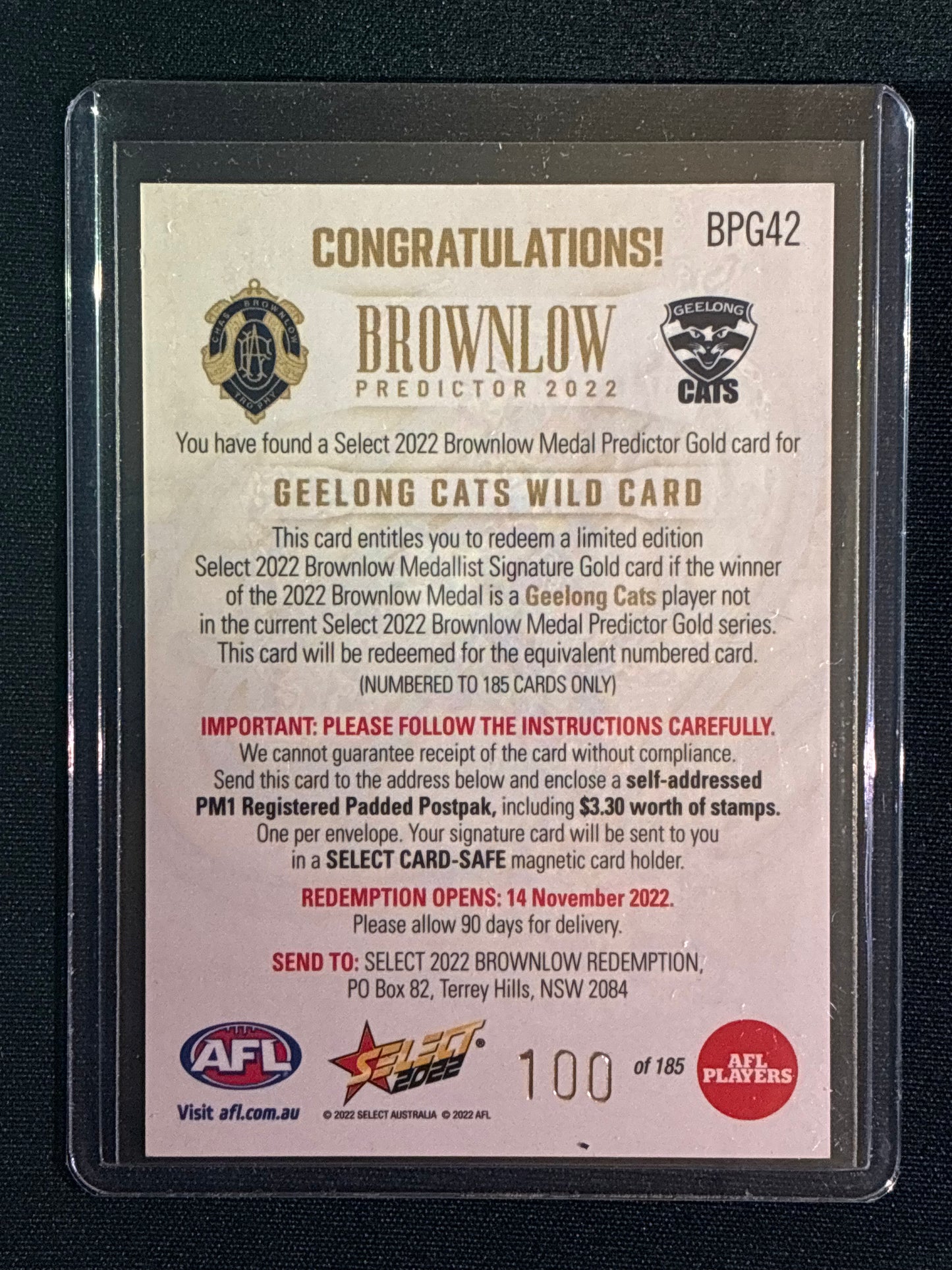 2022 Footy Stars GEELONG CATS WILD CARD Brownlow Predictor Gold 100/185