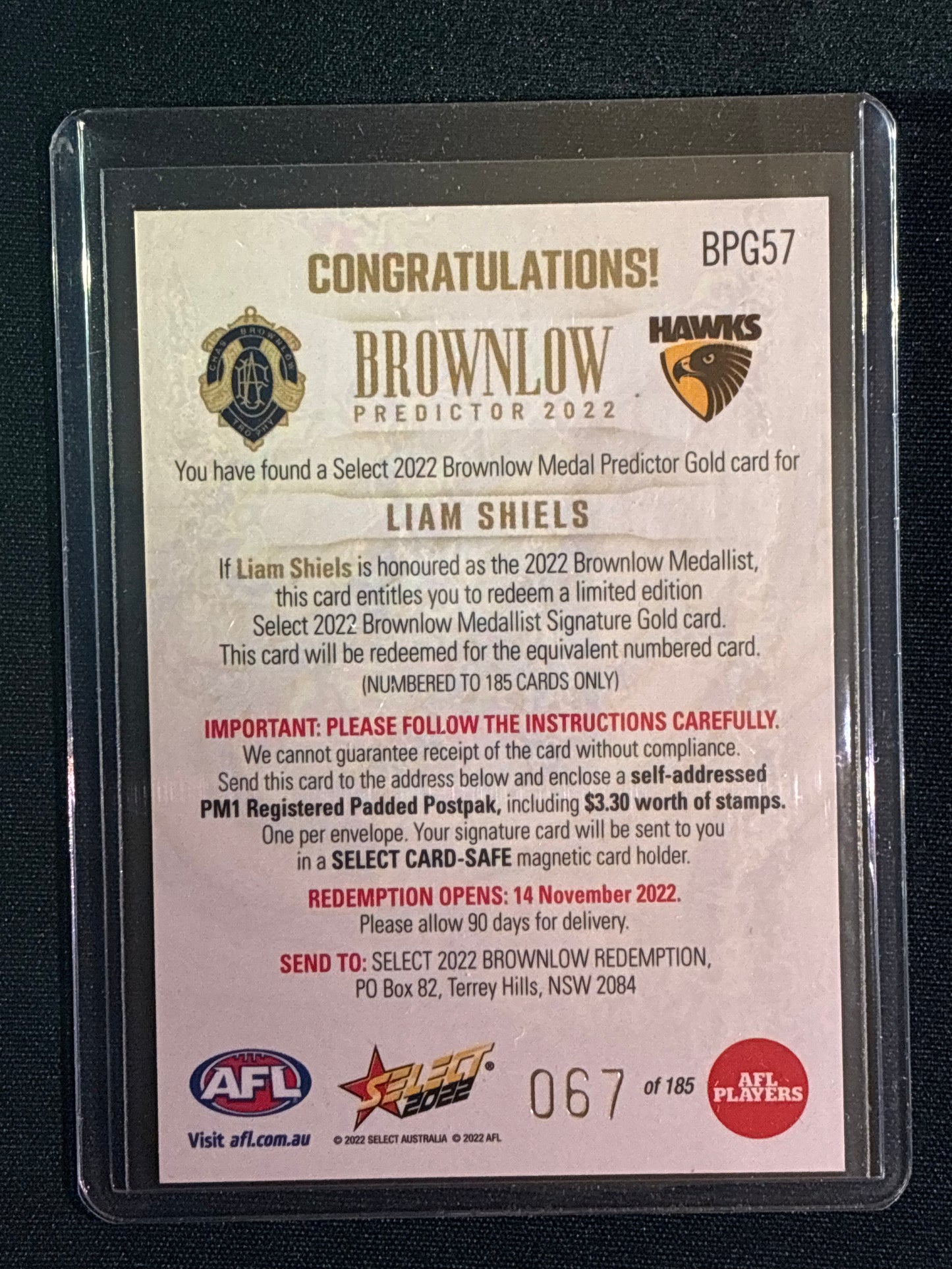 2022 Footy Stars LIAM SHIELS Brownlow Predictor Gold 67/185