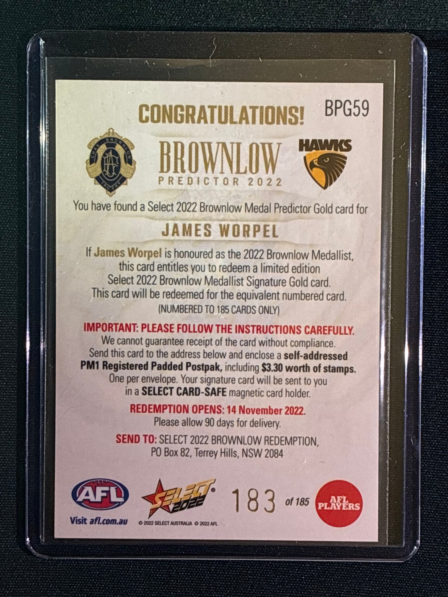 2022 Footy Stars JAMES WORPEL Brownlow Predictor Gold 183/185