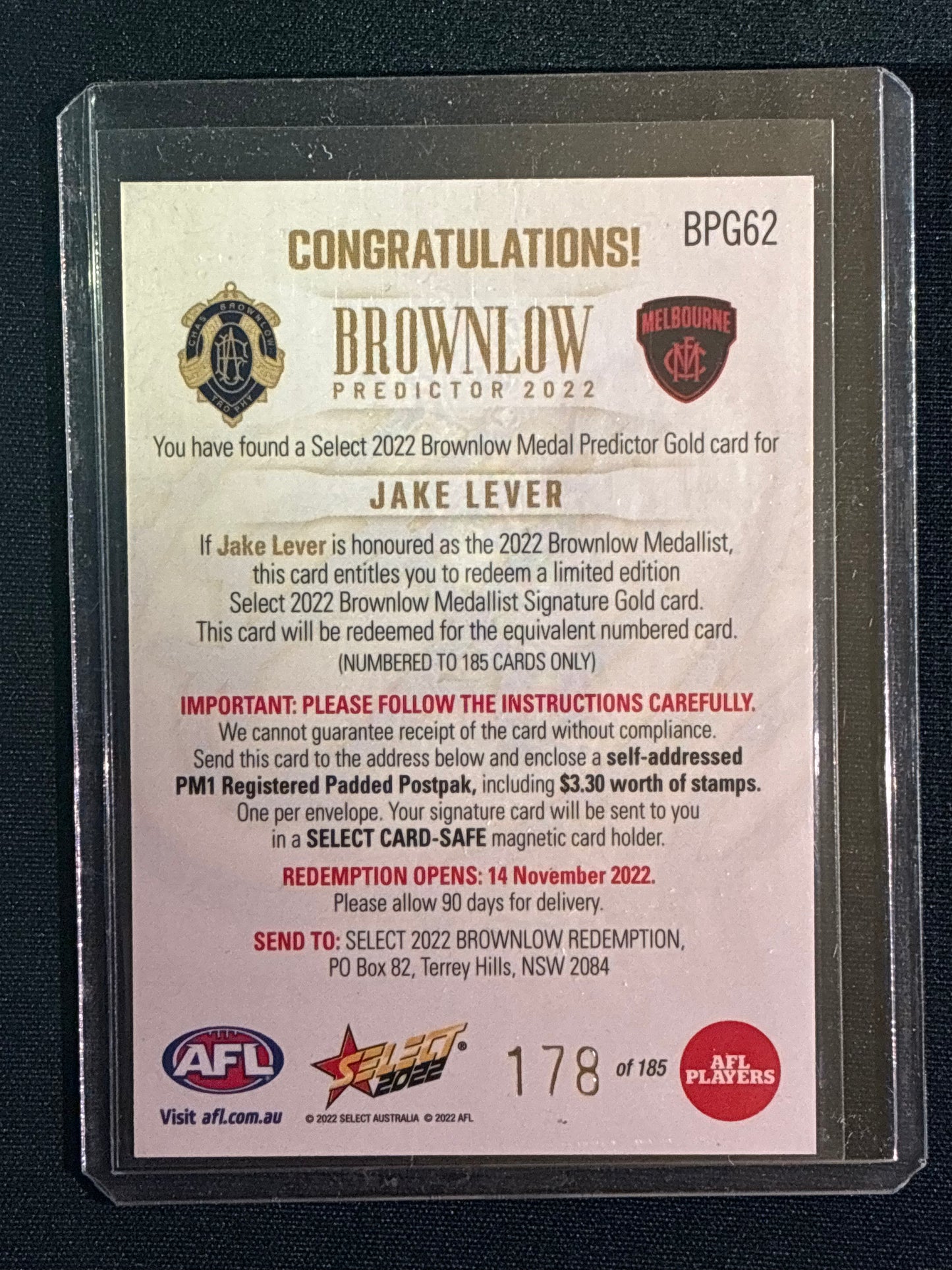 2022 Footy Stars JAKE LEVER Brownlow Predictor Gold 178/185