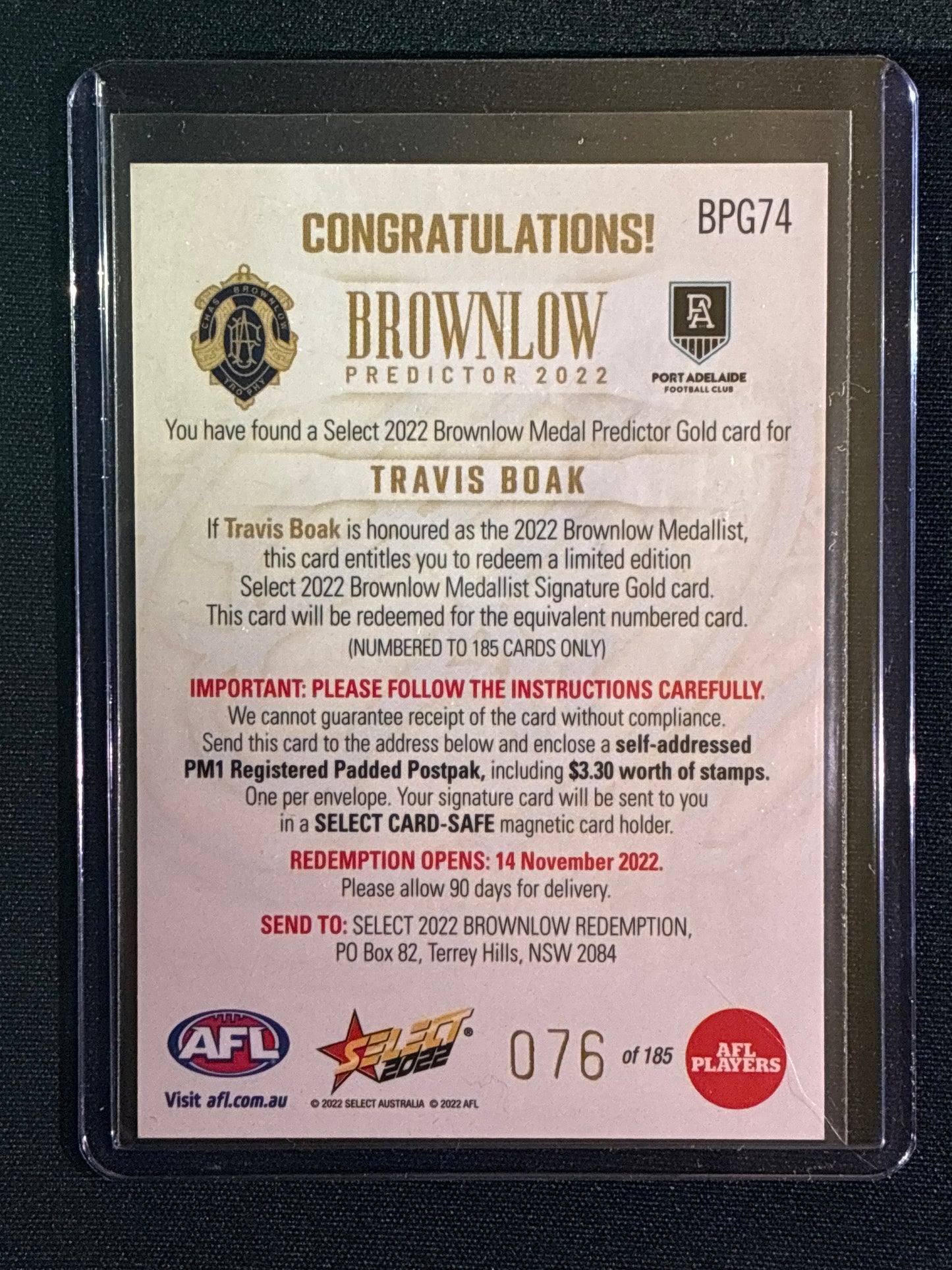 2022 Footy Stars TRAVIS BOAK Brownlow Predictor Gold 76/185