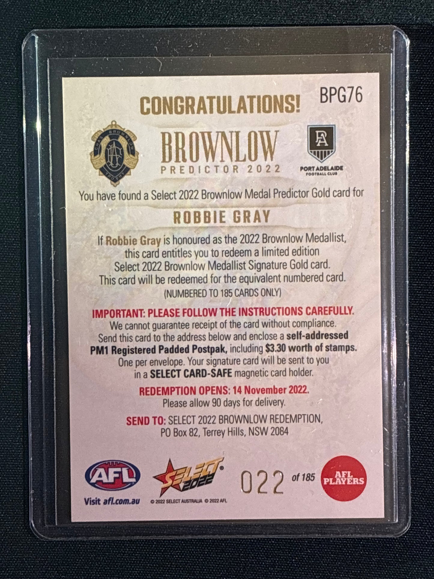 2022 Footy Stars ROBBIE GRAY Brownlow Predictor Gold 22/185