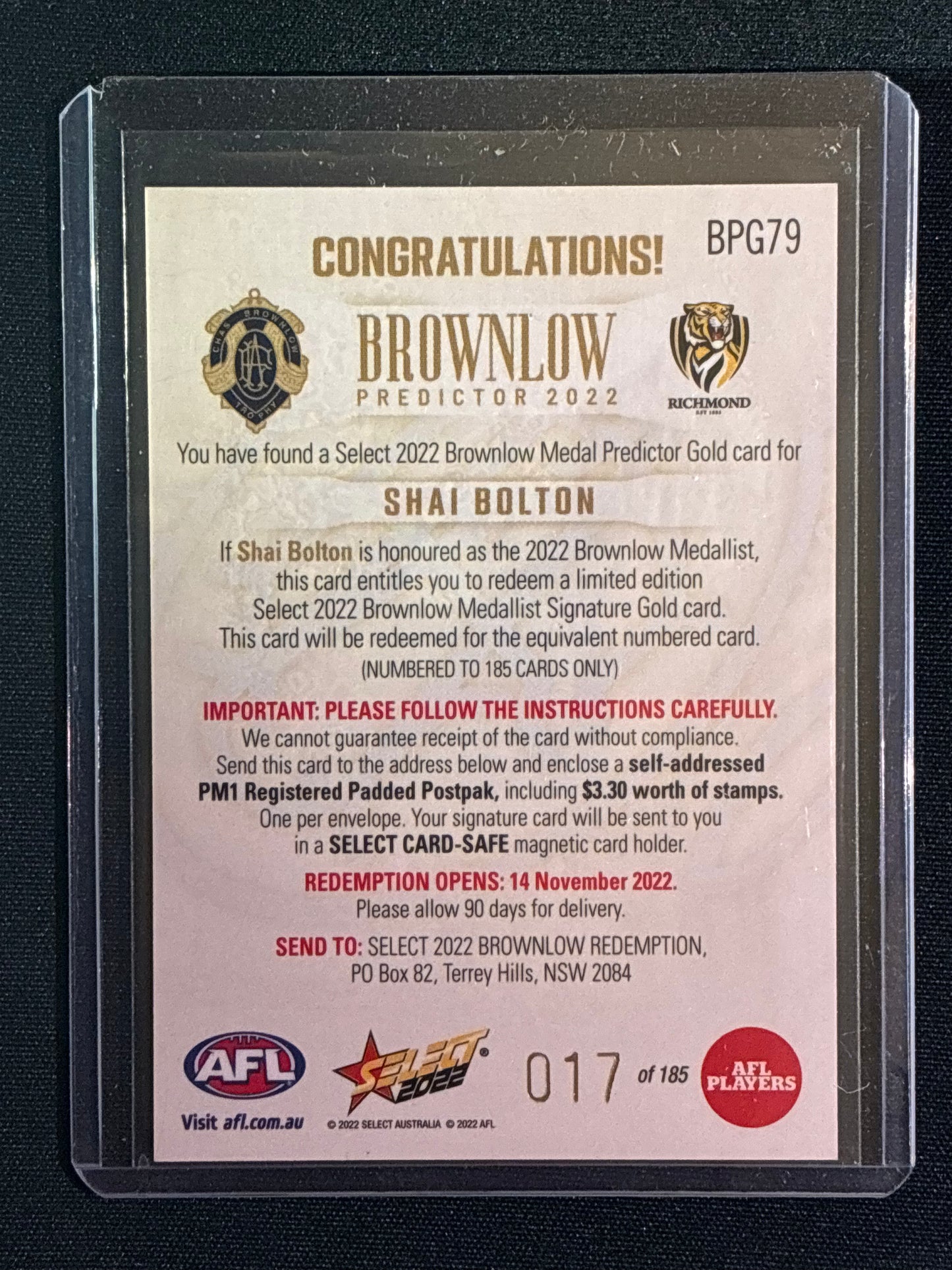 2022 Footy Stars SHAI BOLTON Brownlow Predictor Gold 17/185