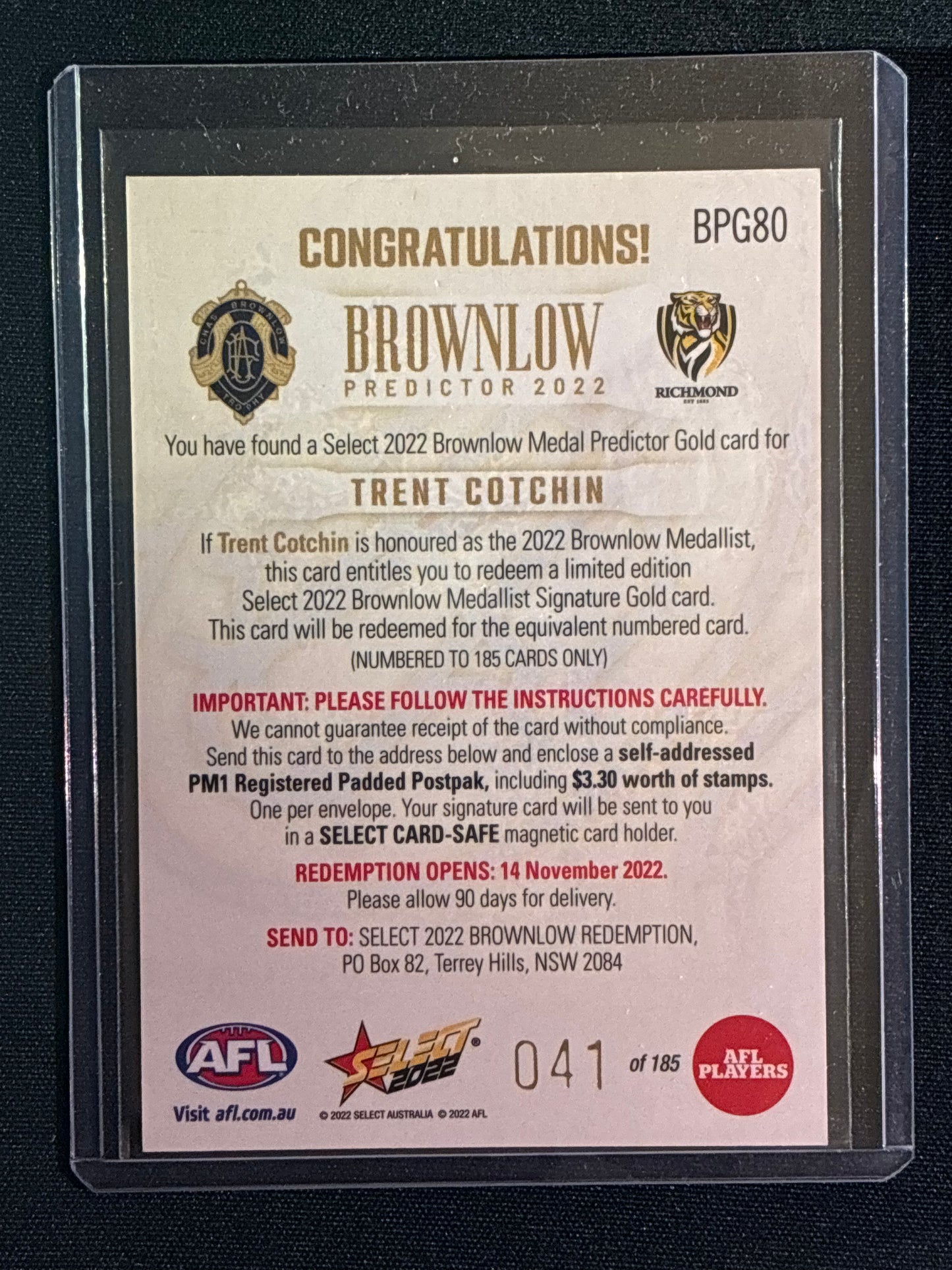2022 Footy Stars TRENT COTCHIN Brownlow Predictor Gold 41/185