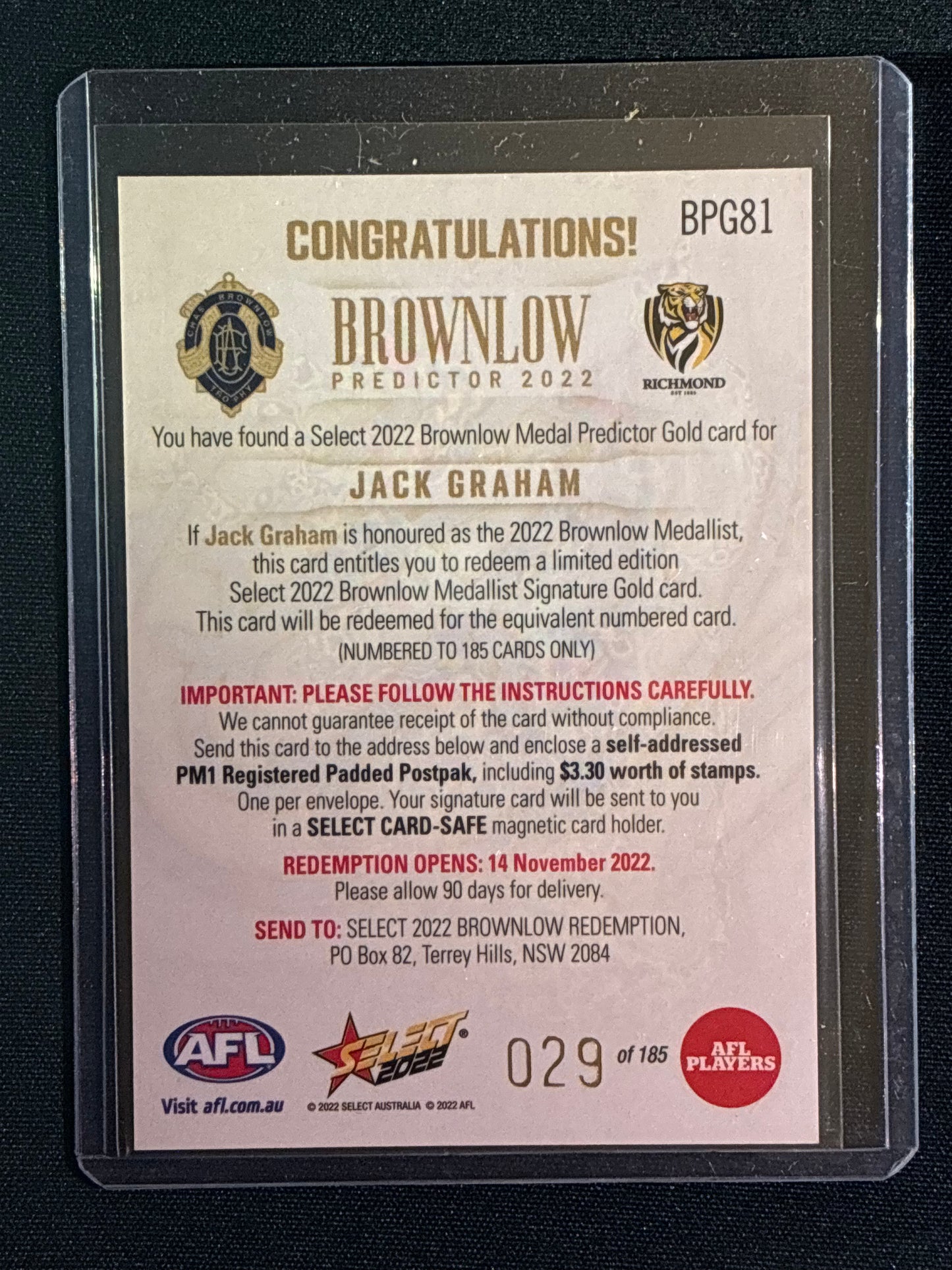 2022 Footy Stars JACK GRAHAM Brownlow Predictor Gold 29/185