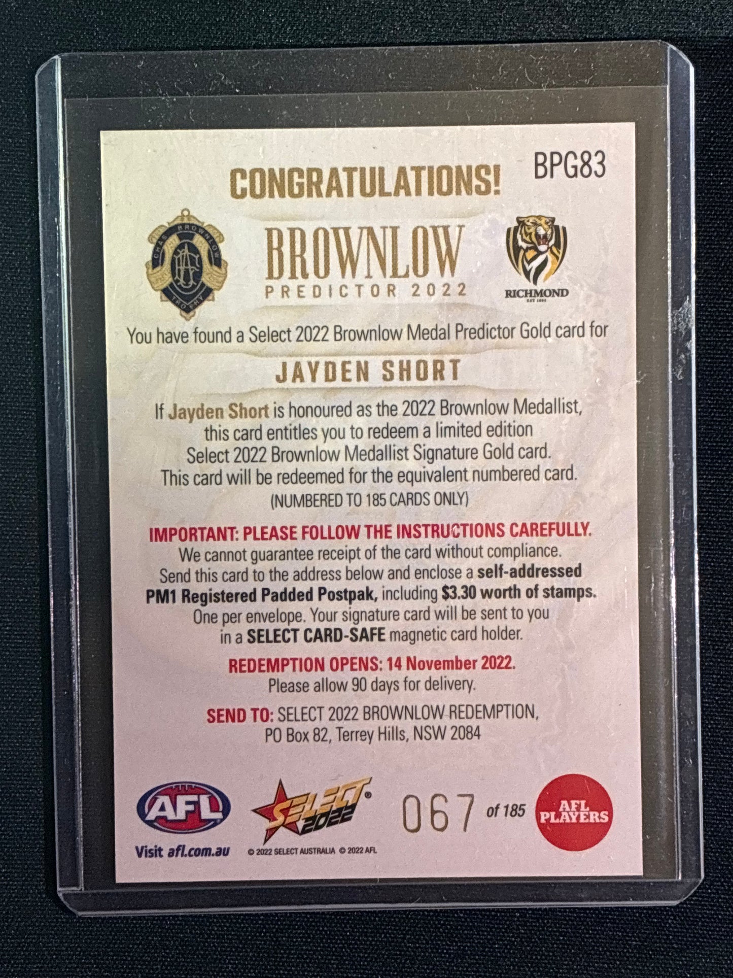 2022 Footy Stars JAYDEN SHORT Brownlow Predictor Gold 67/185