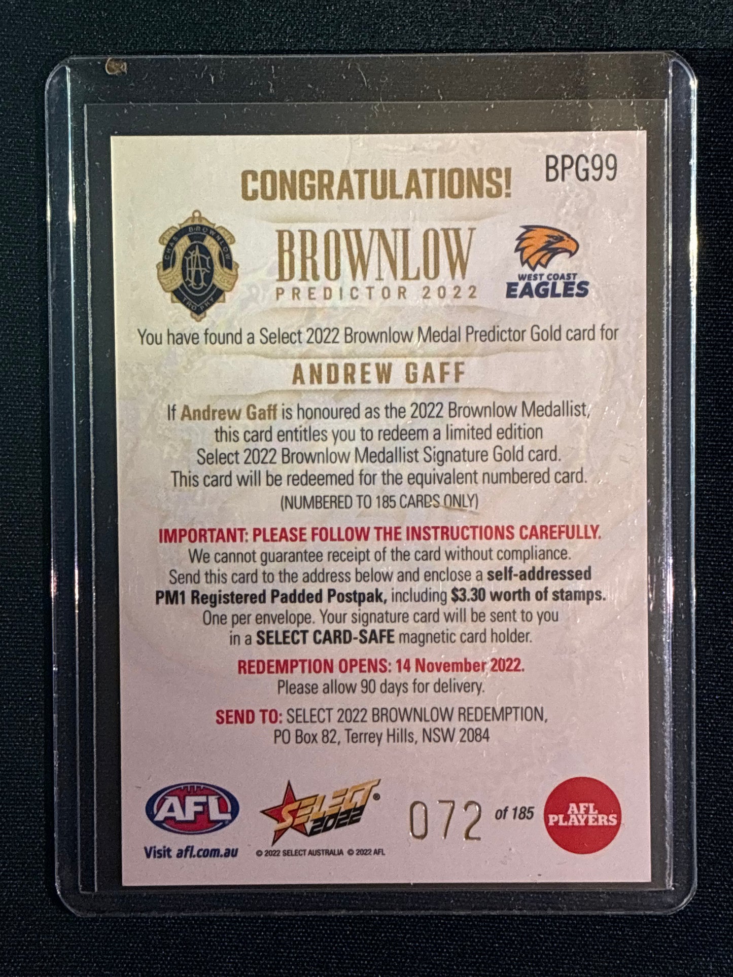 2022 Footy Stars ANDREW GAFF Brownlow Predictor Gold 72/185