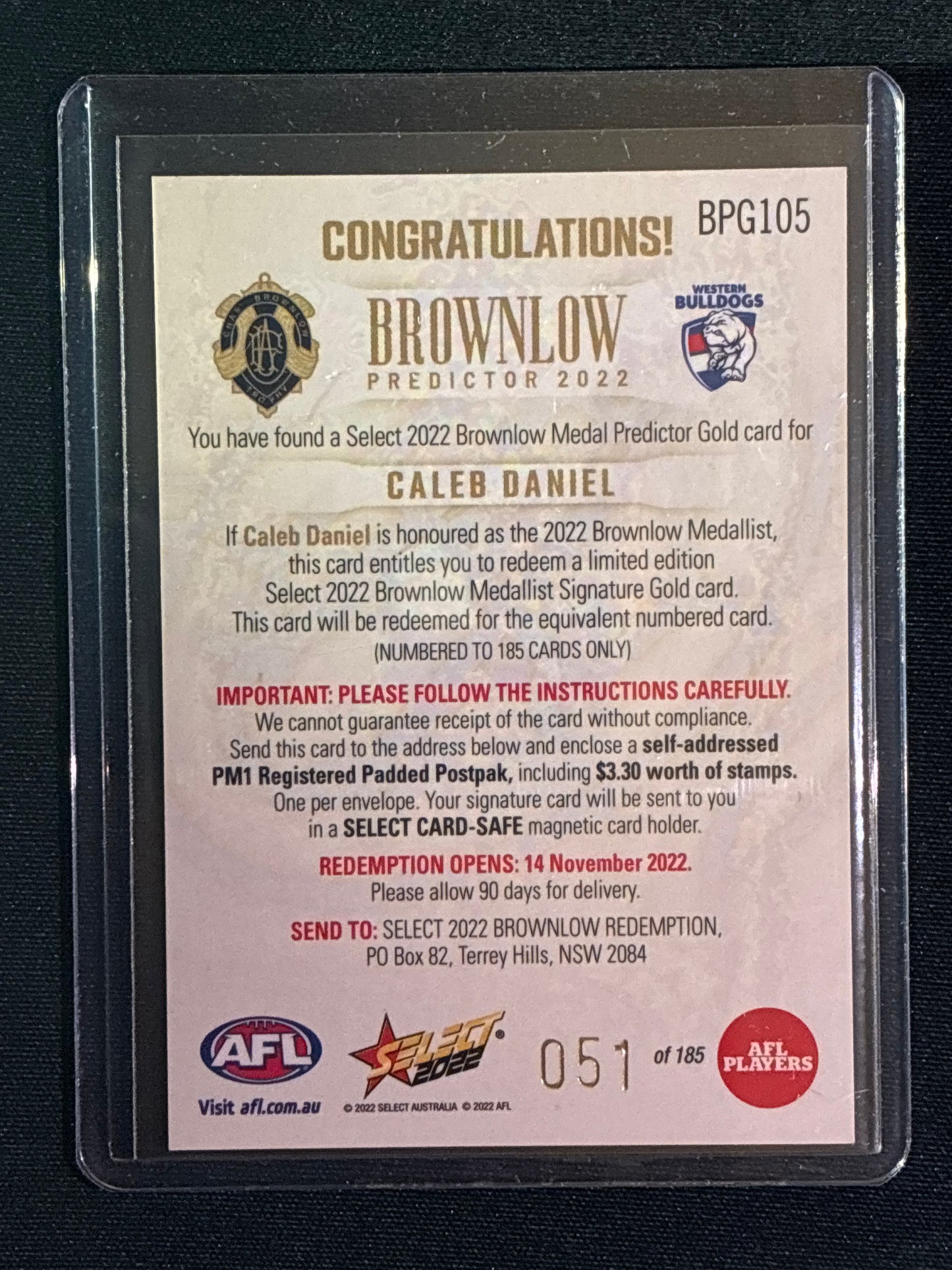 2022 Footy Stars CALEB DANIEL Brownlow Predictor Gold 51/185