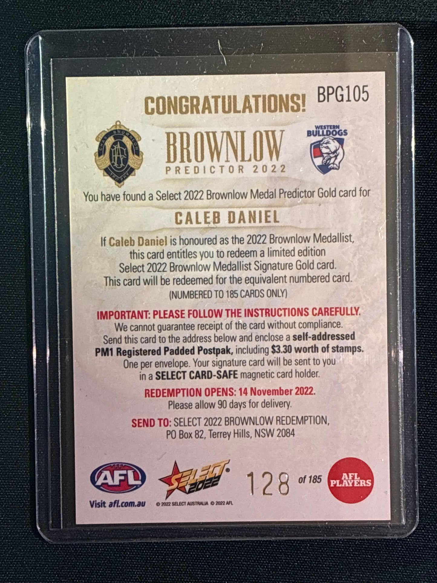 2022 Footy Stars CALEB DANIEL Brownlow Predictor Gold 128/185