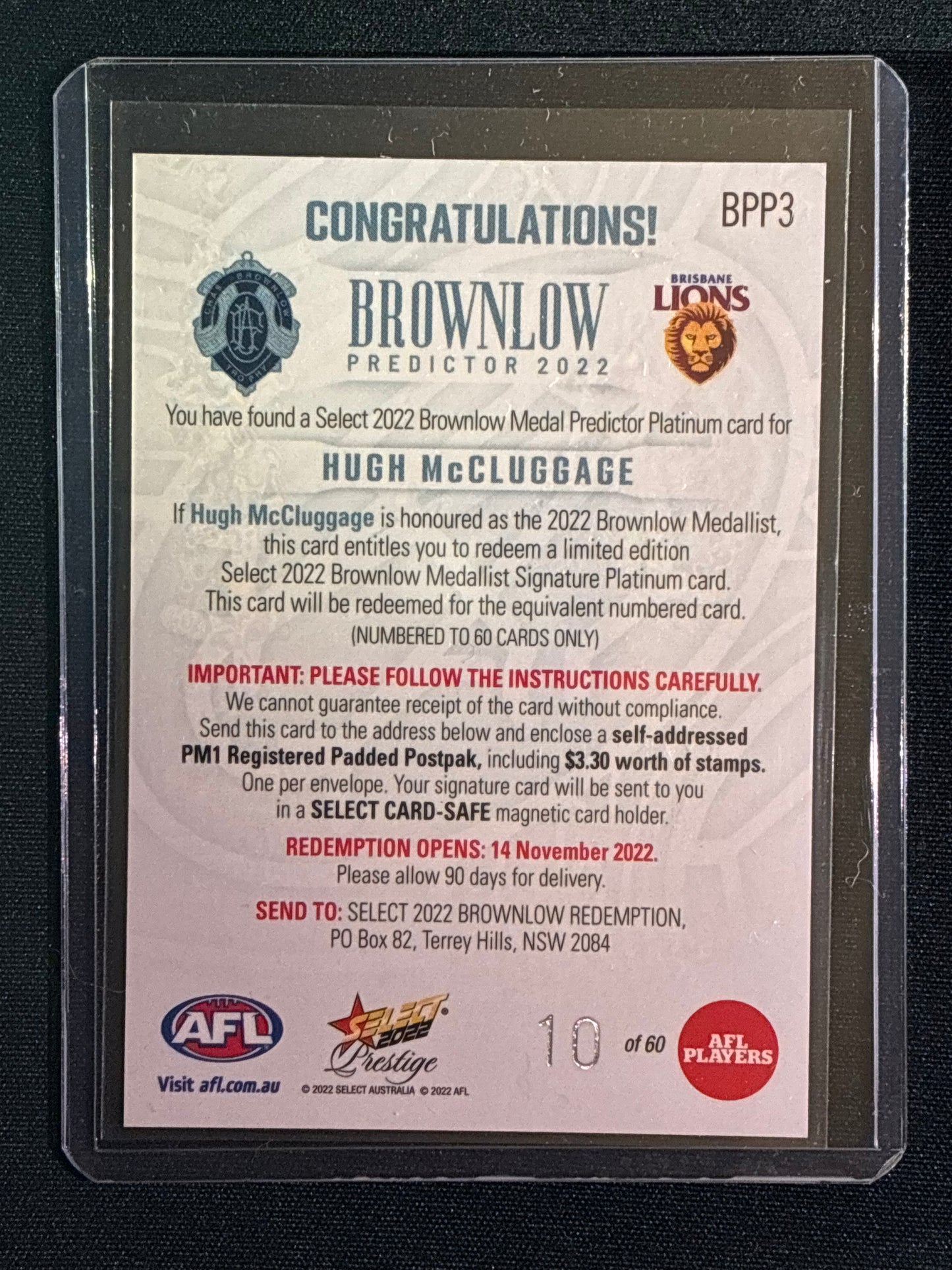 2022 Footy Stars Prestige HUGH MCCLUGGAGE Brownlow Predictor Platinum 10/60