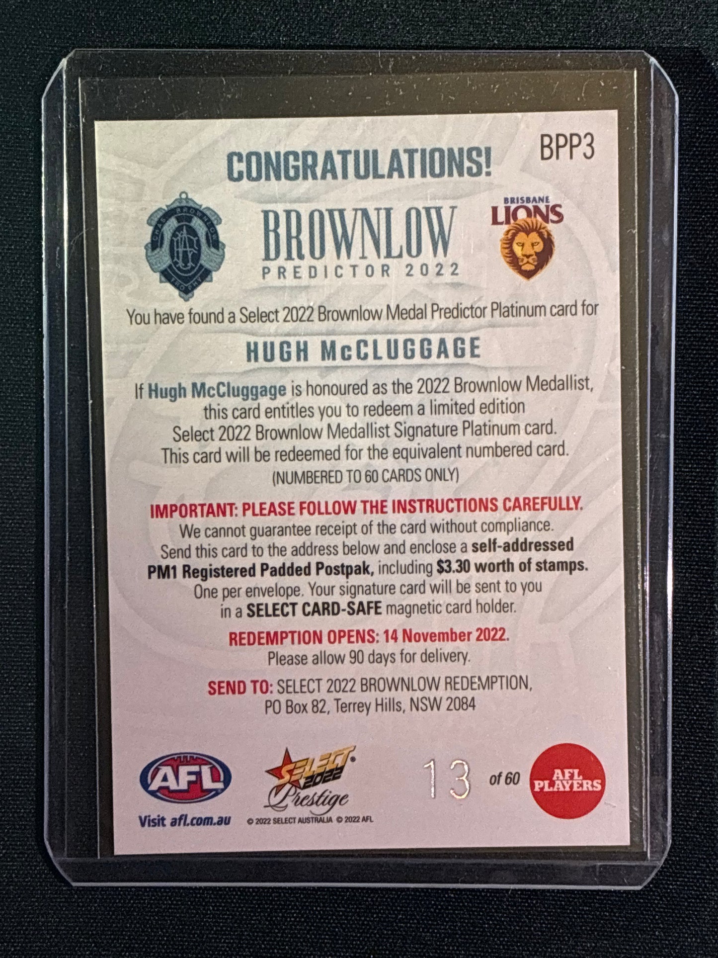 2022 Footy Stars Prestige HUGH MCCLUGGAGE Brownlow Predictor Platinum 13/60