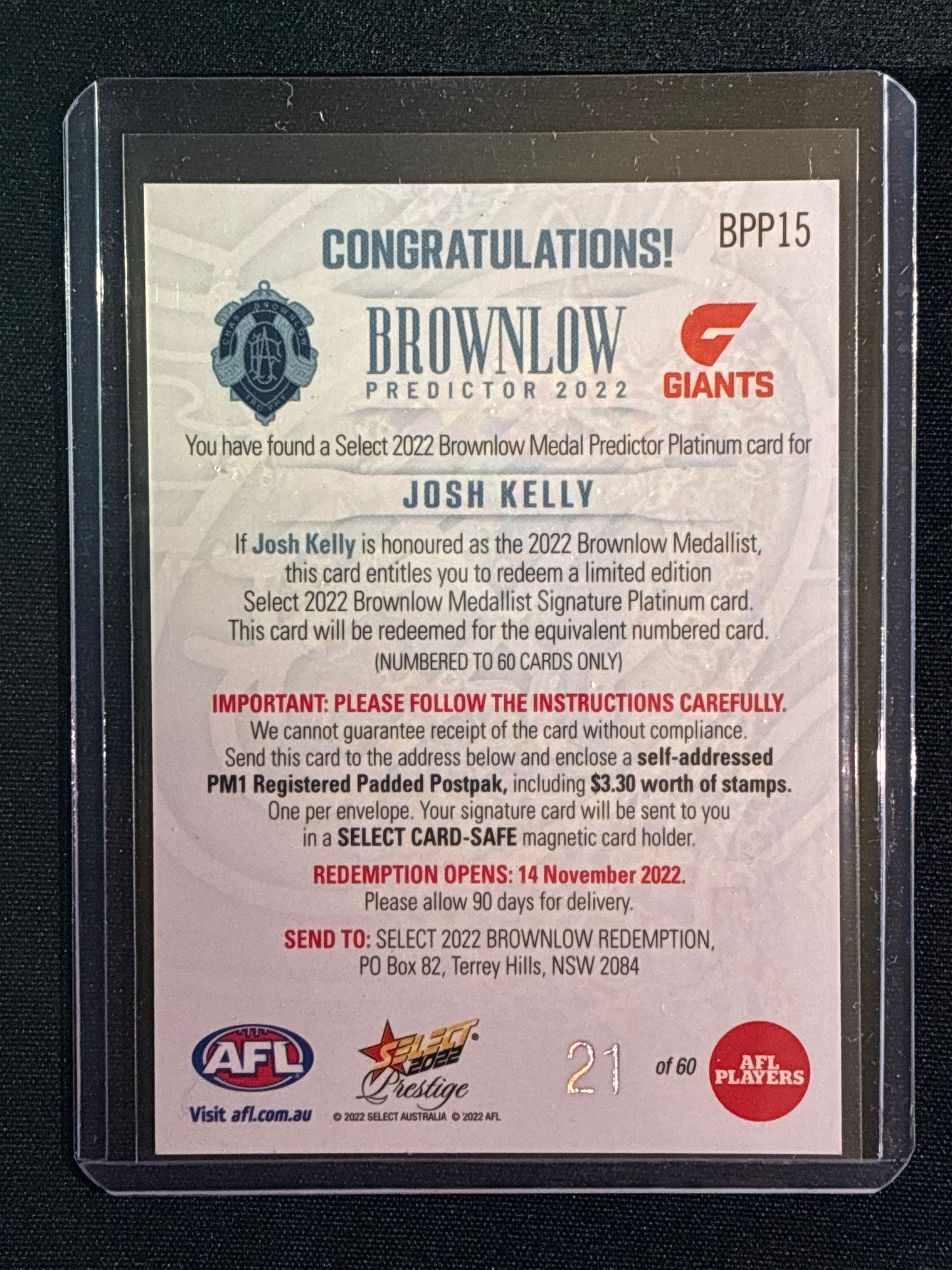 2022 Footy Stars Prestige JOSH KELLY Brownlow Predictor Platinum 21/60