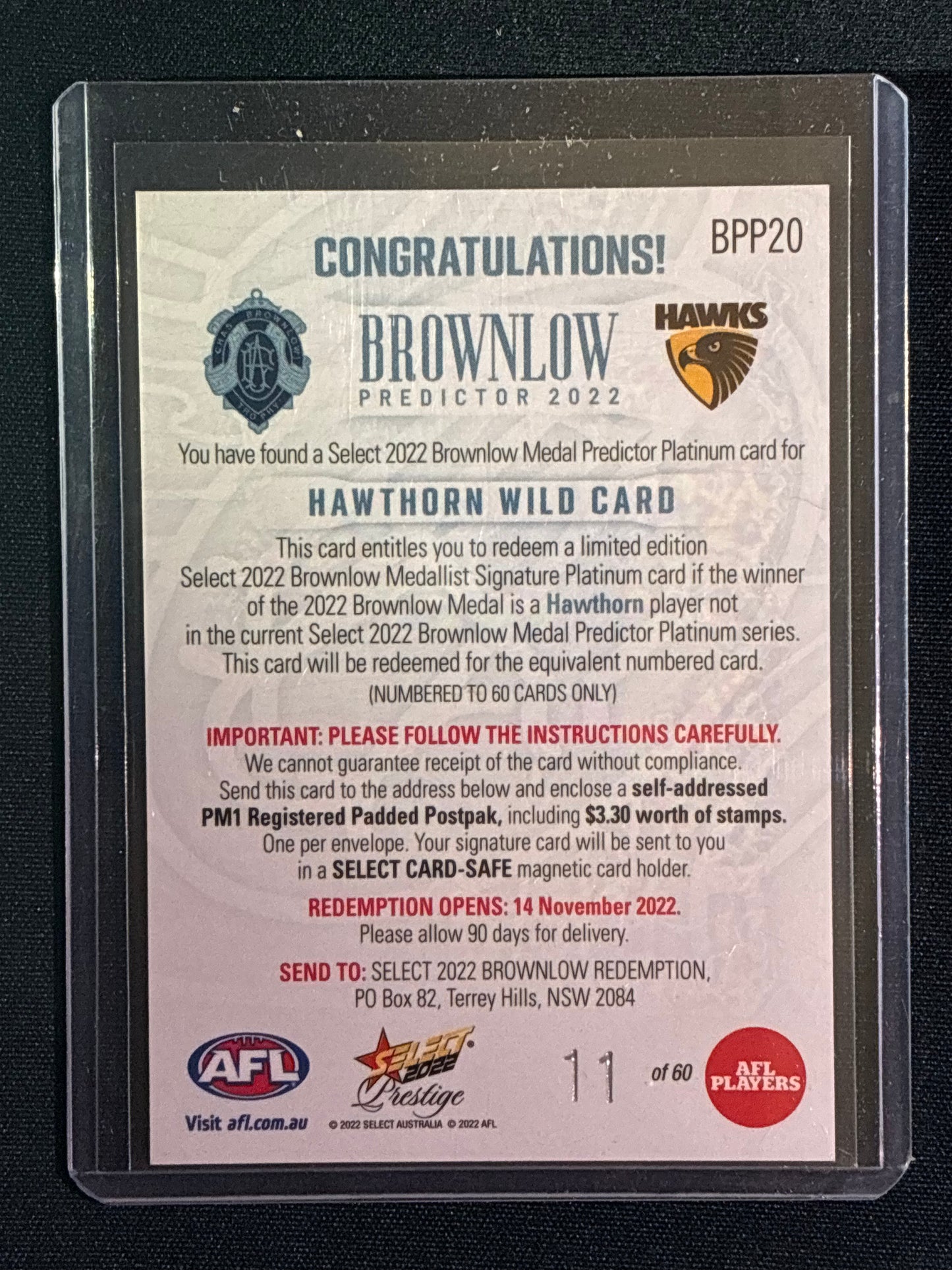 2022 Footy Stars Prestige HAWTHORN WILD CARD Brownlow Predictor Platinum 11/60