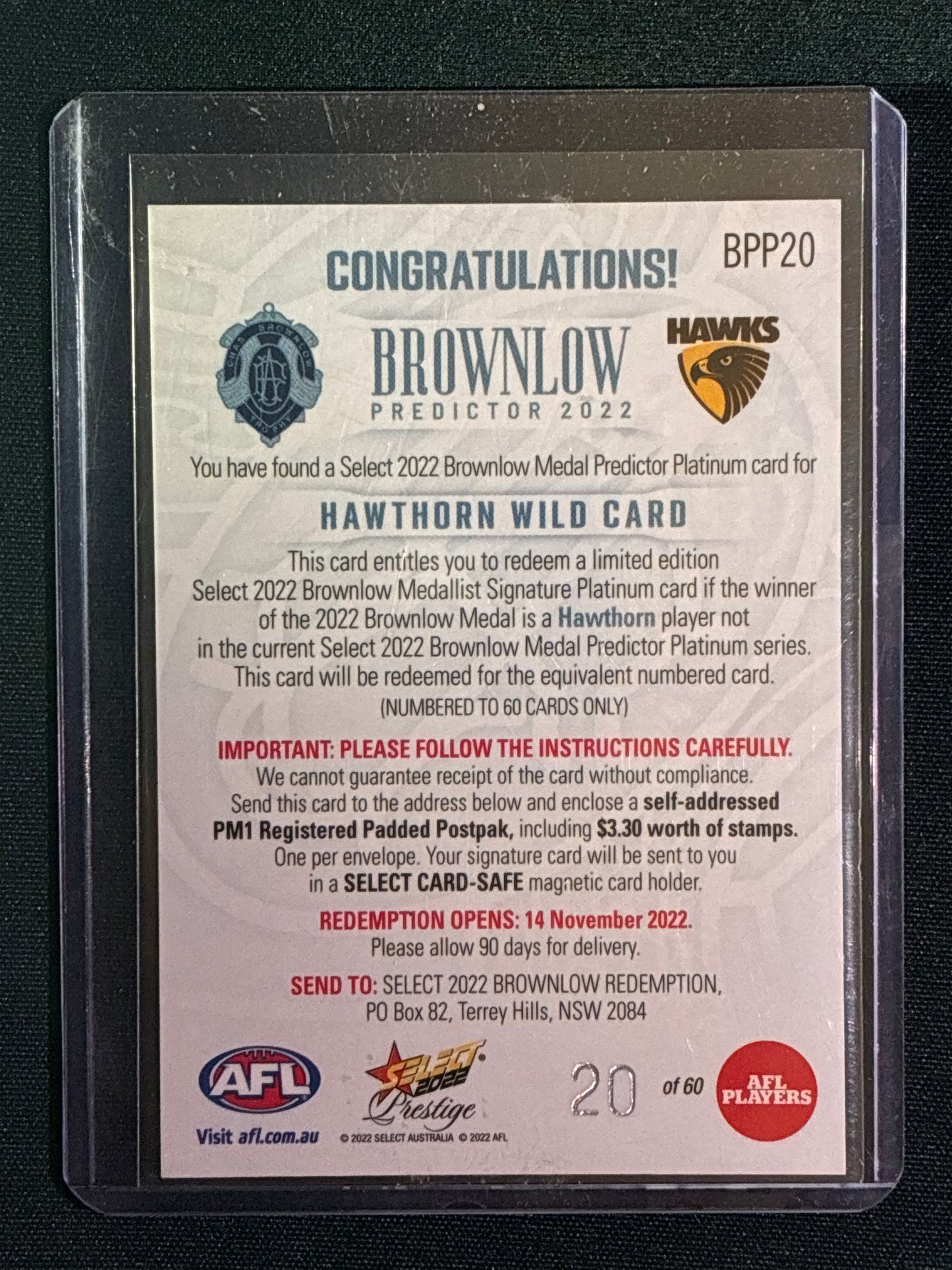 2022 Footy Stars Prestige HAWTHORN WILD CARD Brownlow Predictor Platinum 20/60