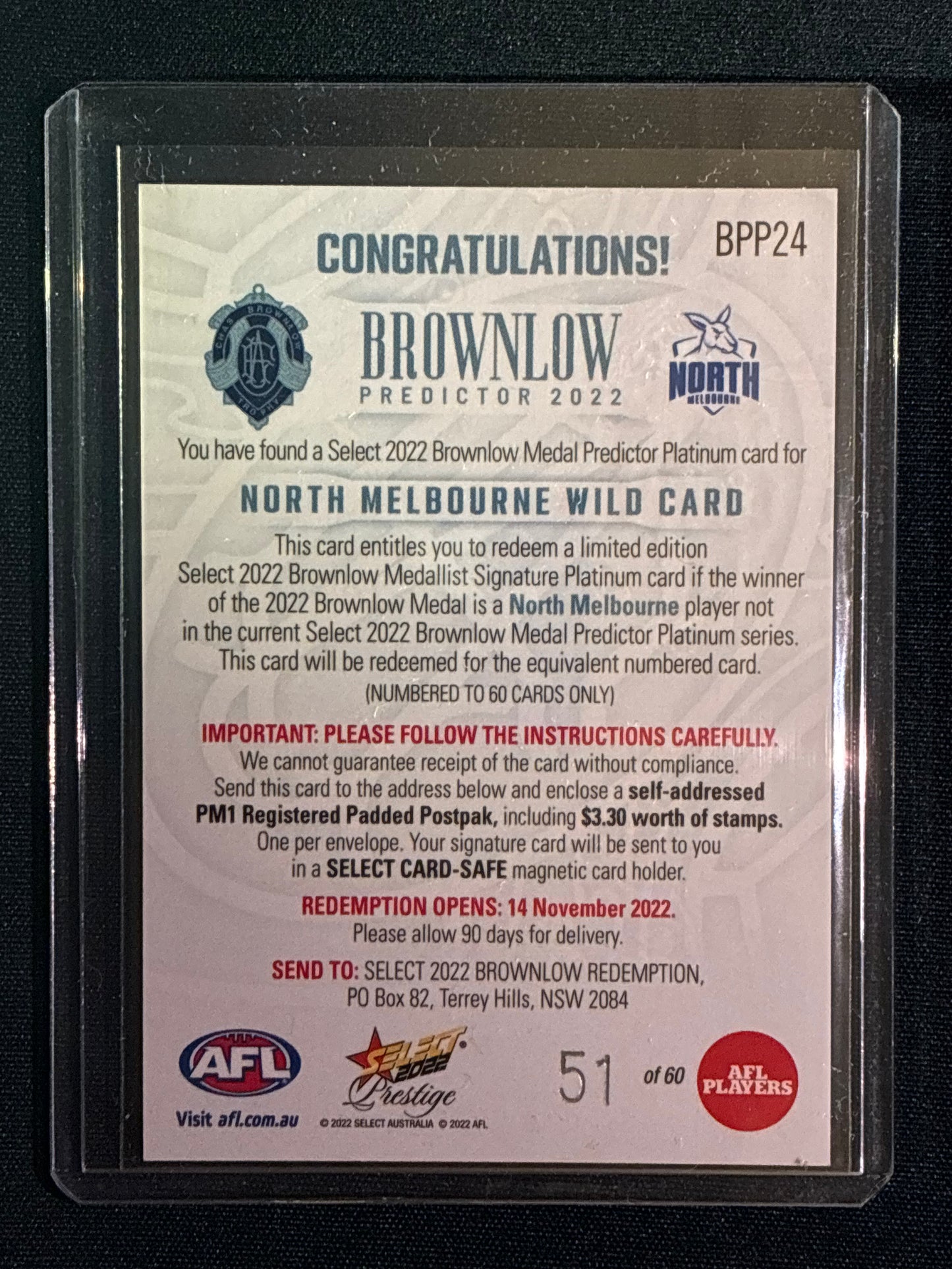 2022 Footy Stars Prestige KANGAROOS WILD CARD Brownlow Predictor Platinum 51/60