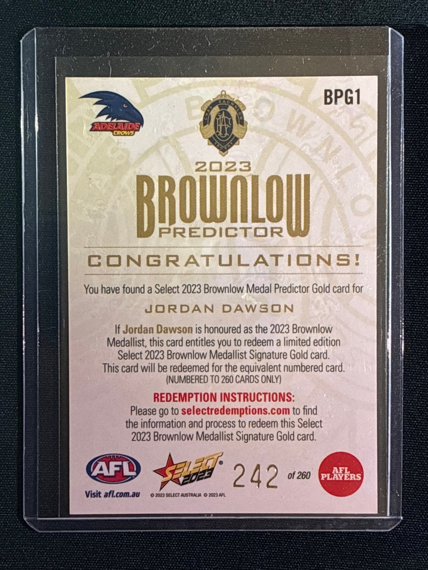 2023 Footy Stars JORDAN DAWSON Brownlow Predictor Gold 242/260